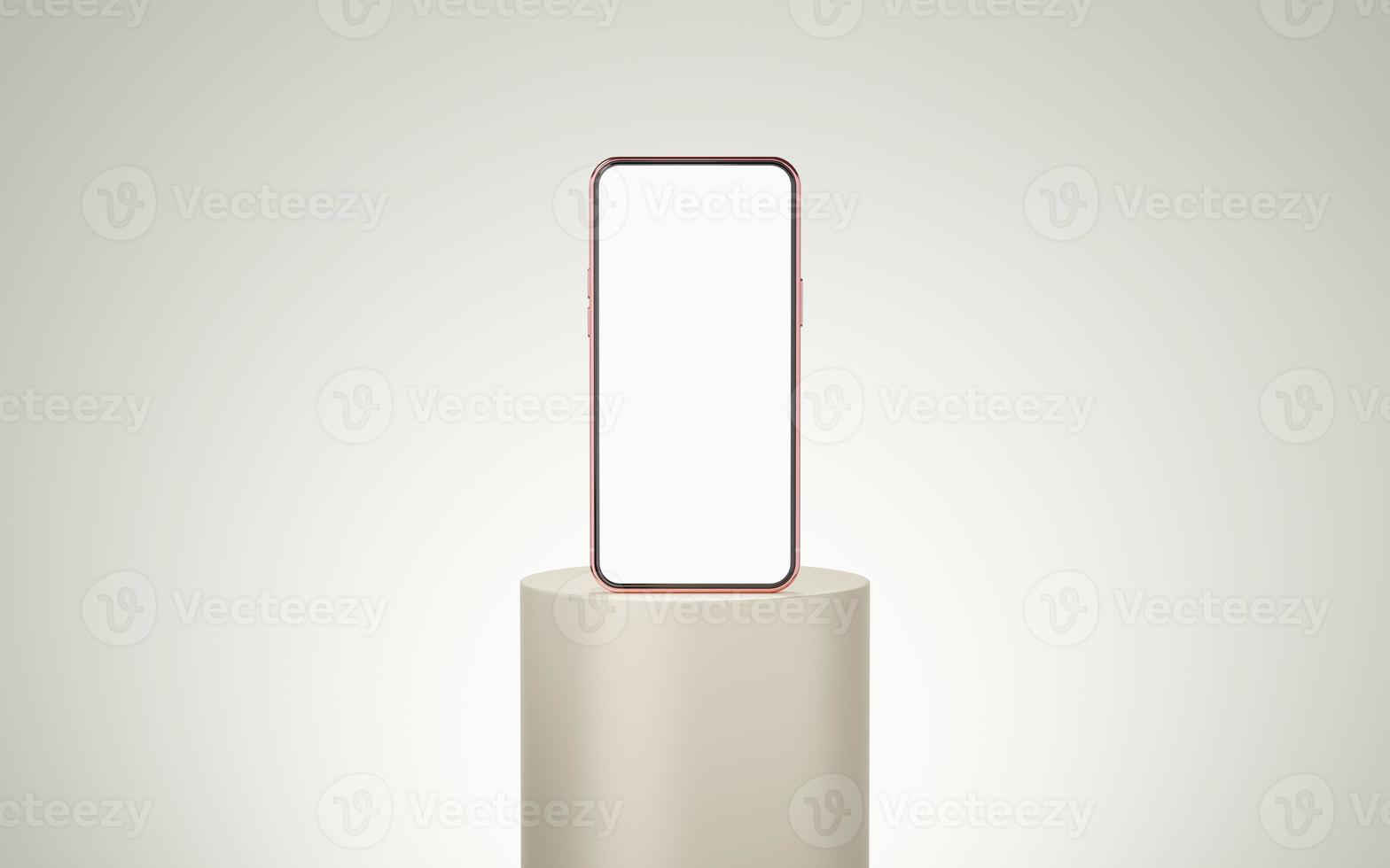 Old rose mobile phone on cream cylinder podium floating on bone white copy space background. Monotone pedestal mockup space for display of app. smartphone with blank white screen. 3d rendering. photo