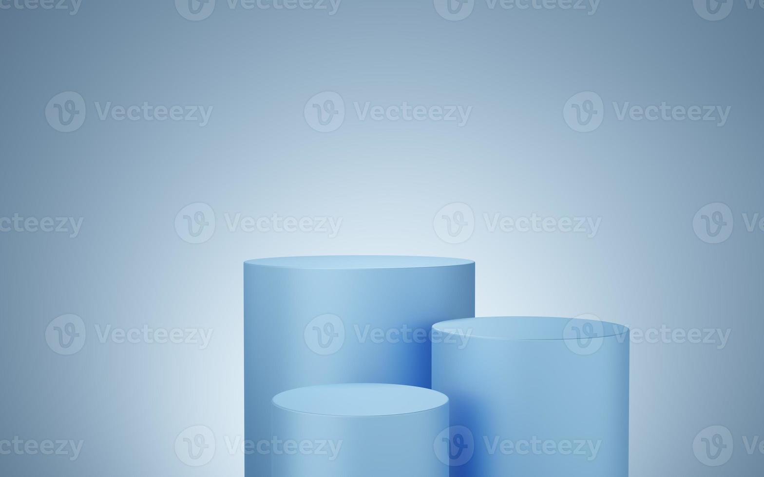 3 Empty blue cylinder podium floating on white copy space background. Abstract minimal studio 3d geometric shape object. Monotone pedestal mockup space for display of product design. 3d rendering. photo
