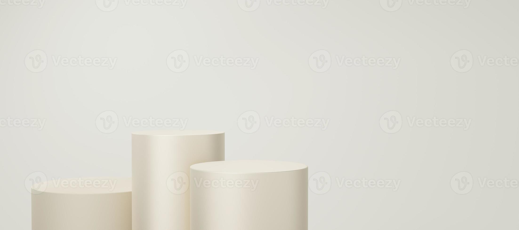 3 Empty yellow or cream cylinder podium floating on bone white copy space background. Abstract minimal studio 3d geometric shape object. Pedestal mockup space for display of product design. 3d render. photo