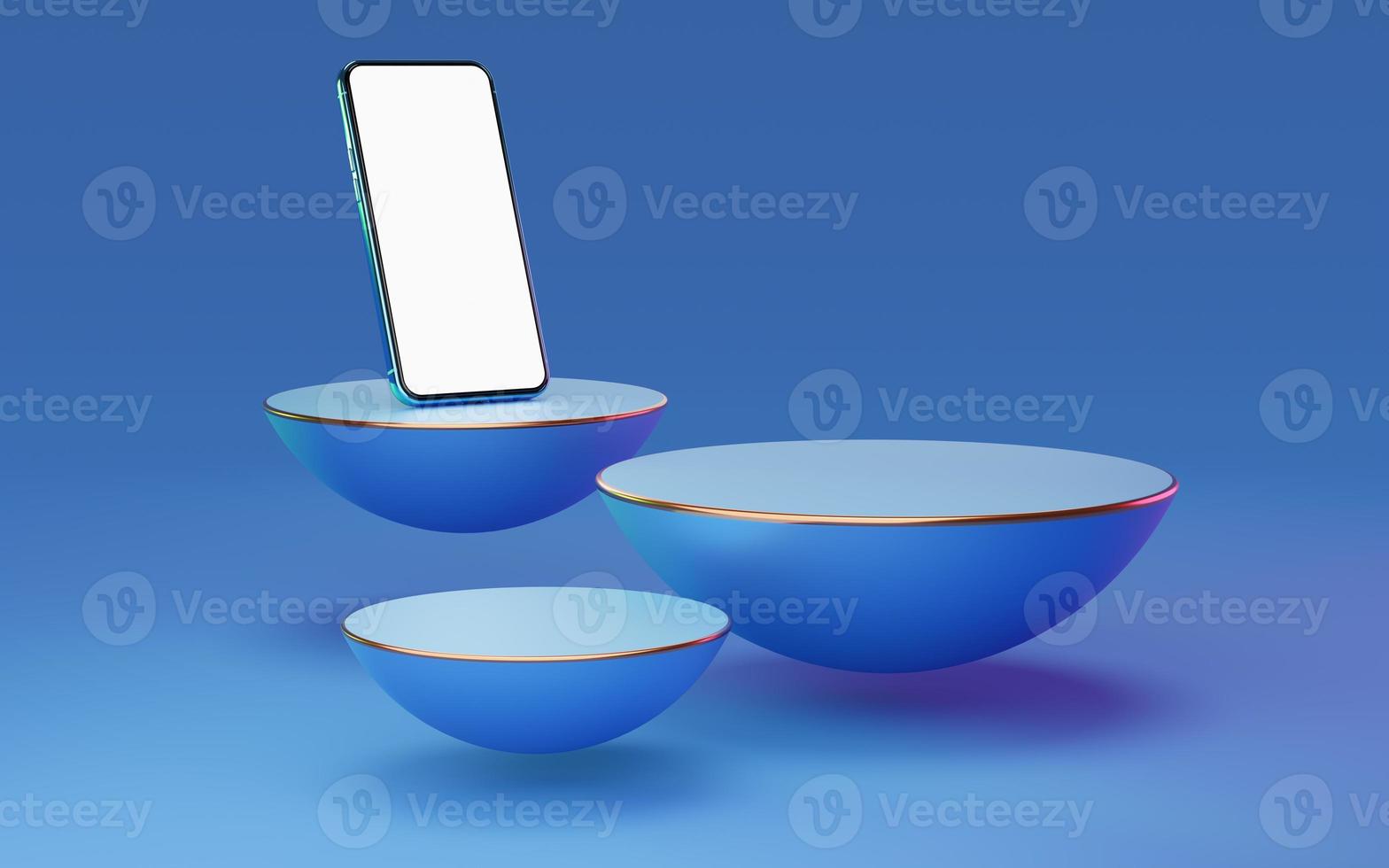 Blue mobile phone on half sphere podium floating with red and green rim light on bright background. Minimal studio 3d. Pedestal mockup space for modern. smartphone with blank white screen. 3d render. photo