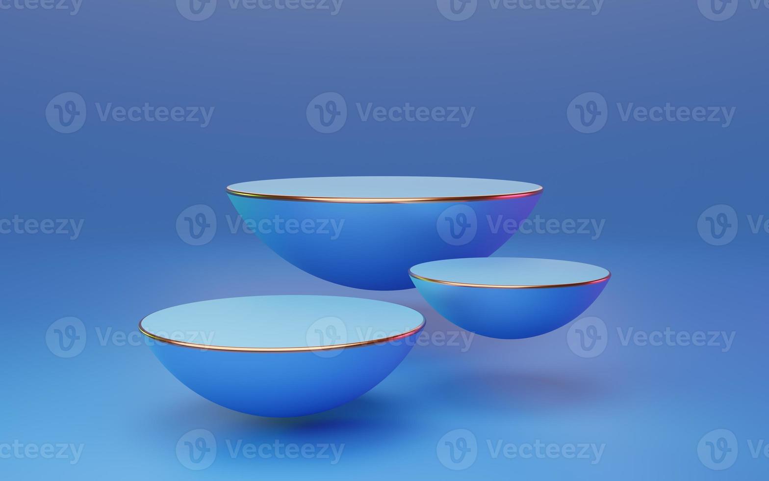 3 Empty blue half sphere podium floating with red and green rim light on bright background. Abstract minimal studio 3d geometric shape object. Pedestal mockup space for luxury display. 3d rendering. photo