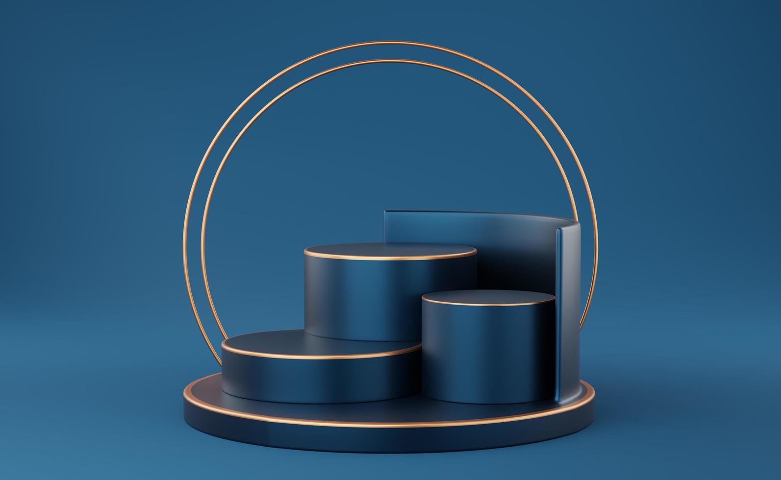 3 Empty blue cylinder podium with gold border and 2 gold circle on blue background. Abstract minimal studio 3d geometric shape object. Mockup space for display of product design. 3d rendering. photo
