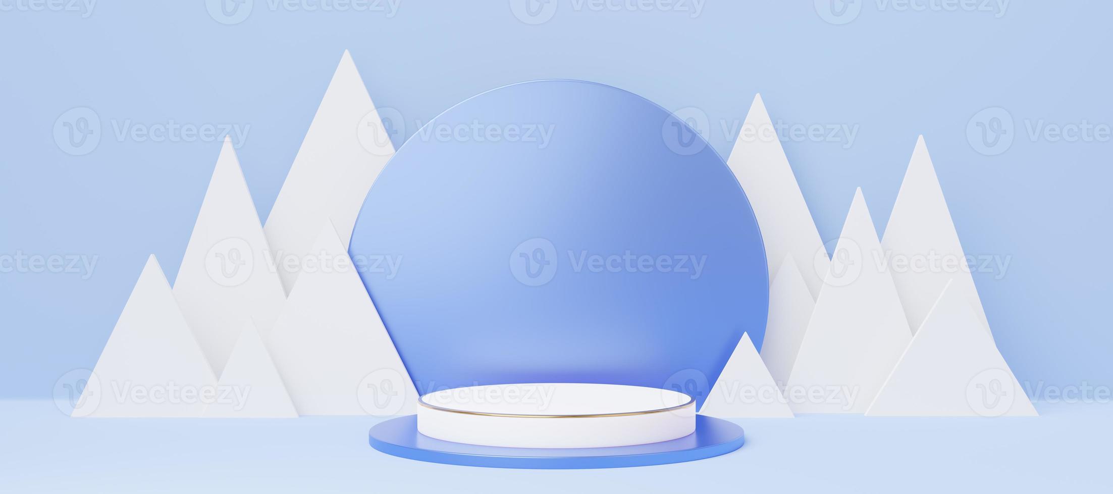 Empty white cylinder podium with gold border on triangle and blue circle background. Abstract minimal studio 3d geometric for Christmas. Mockup for Merry Christmas. 3d rendering. photo