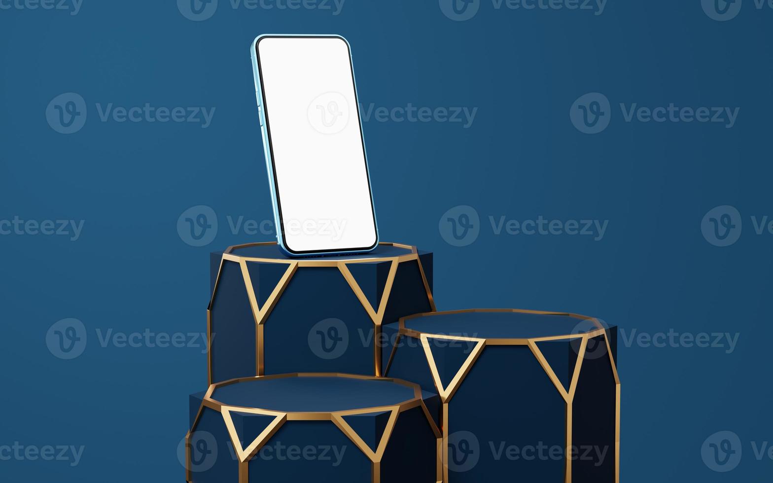 Blue mobile phone on hexagon podium with gold border floating on white copy space background. Pedestal mockup space for display of app. smartphone with blank white screen. 3d rendering. photo