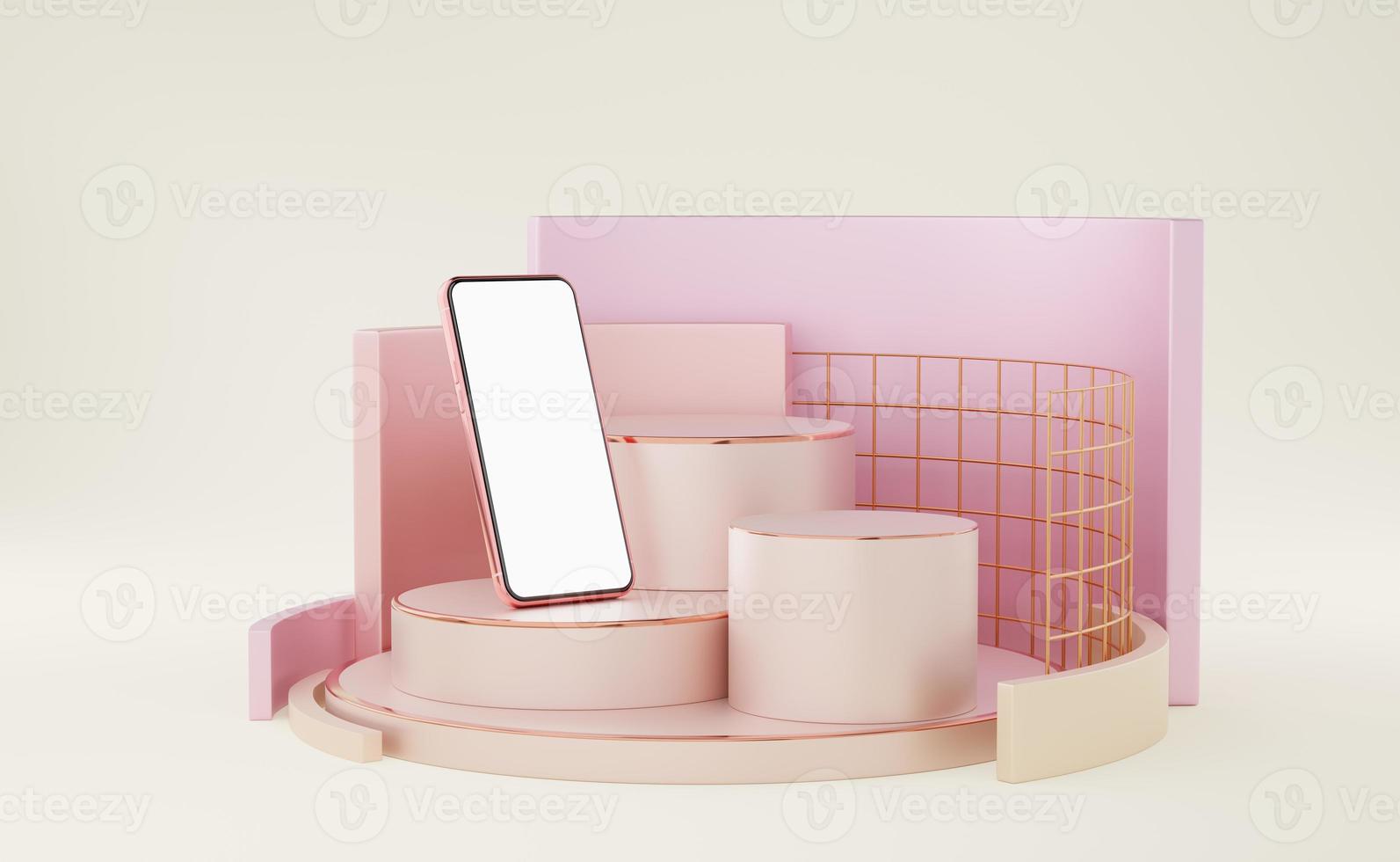 Old rose mobile on phone cylinder podium with copper border, gold grid, pink square wall on background. Pedestal luxury mockup space for display of app. smartphone with blank white screen. 3d render. photo