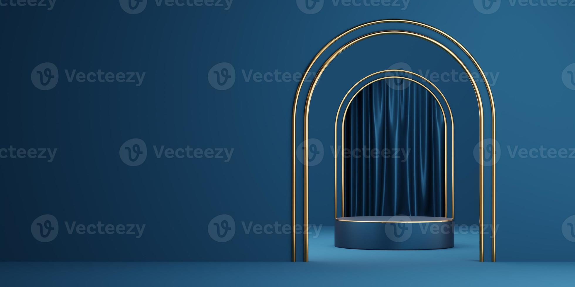 Empty blue cylinder podium with gold border on arch, curtain and  copy space background. Abstract minimal studio 3d geometric shape object. Mockup space for display of product design. 3d rendering. photo