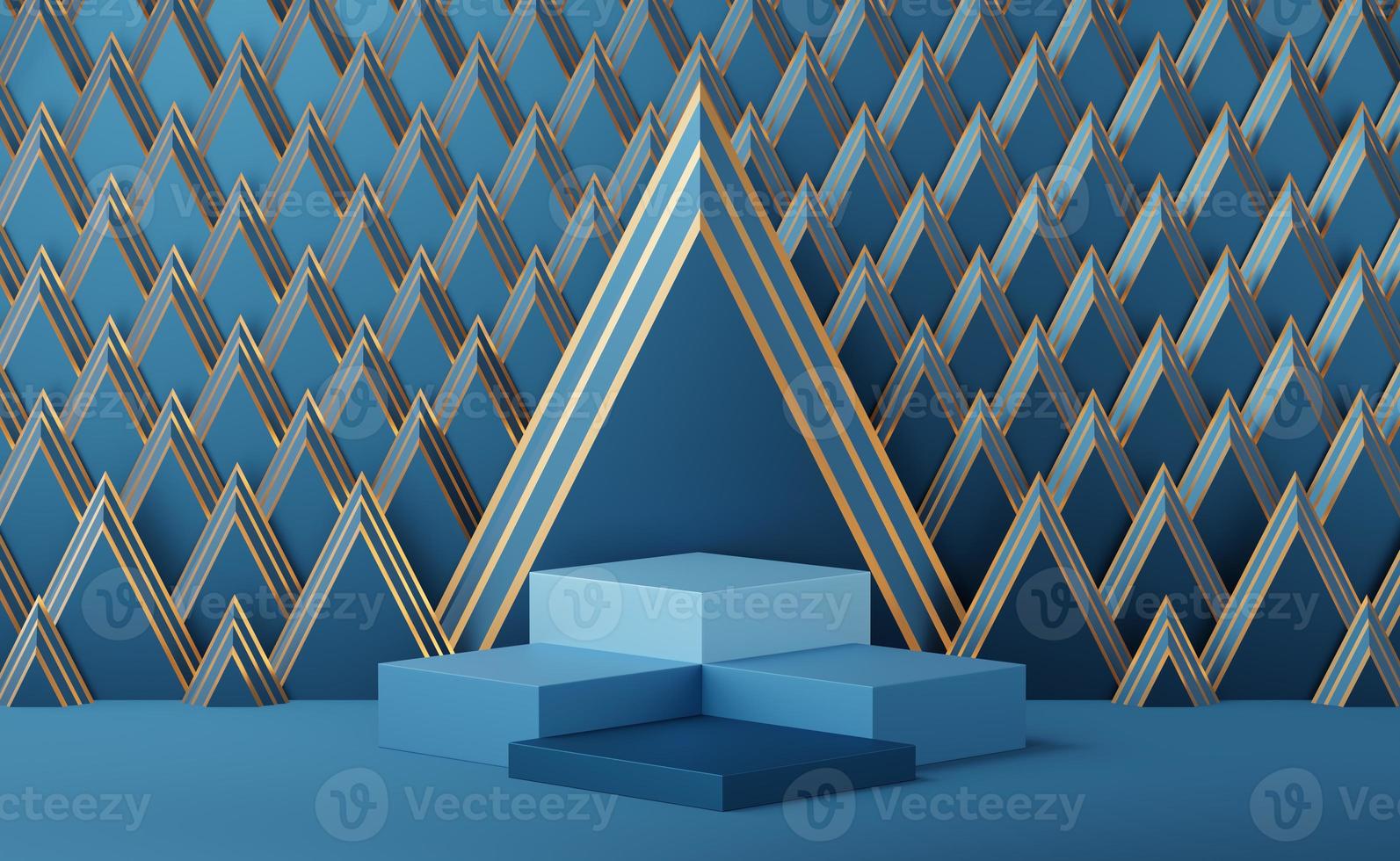 4 Empty blue cube podium with gold border on Art Deco golden triangle pattern background. Abstract minimal studio 3d geometric shape object. Mockup space for display of product design. 3d rendering. photo