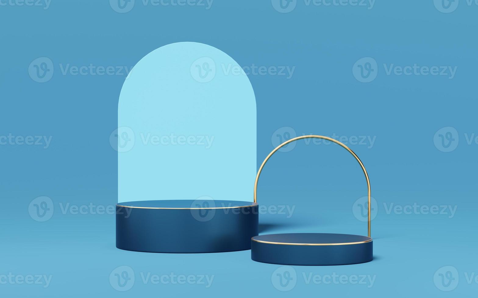 2 Empty blue cylinder podium with gold border on blue arch background. Abstract minimal studio 3d geometric shape object. Mockup space for display of product design. 3d rendering. photo