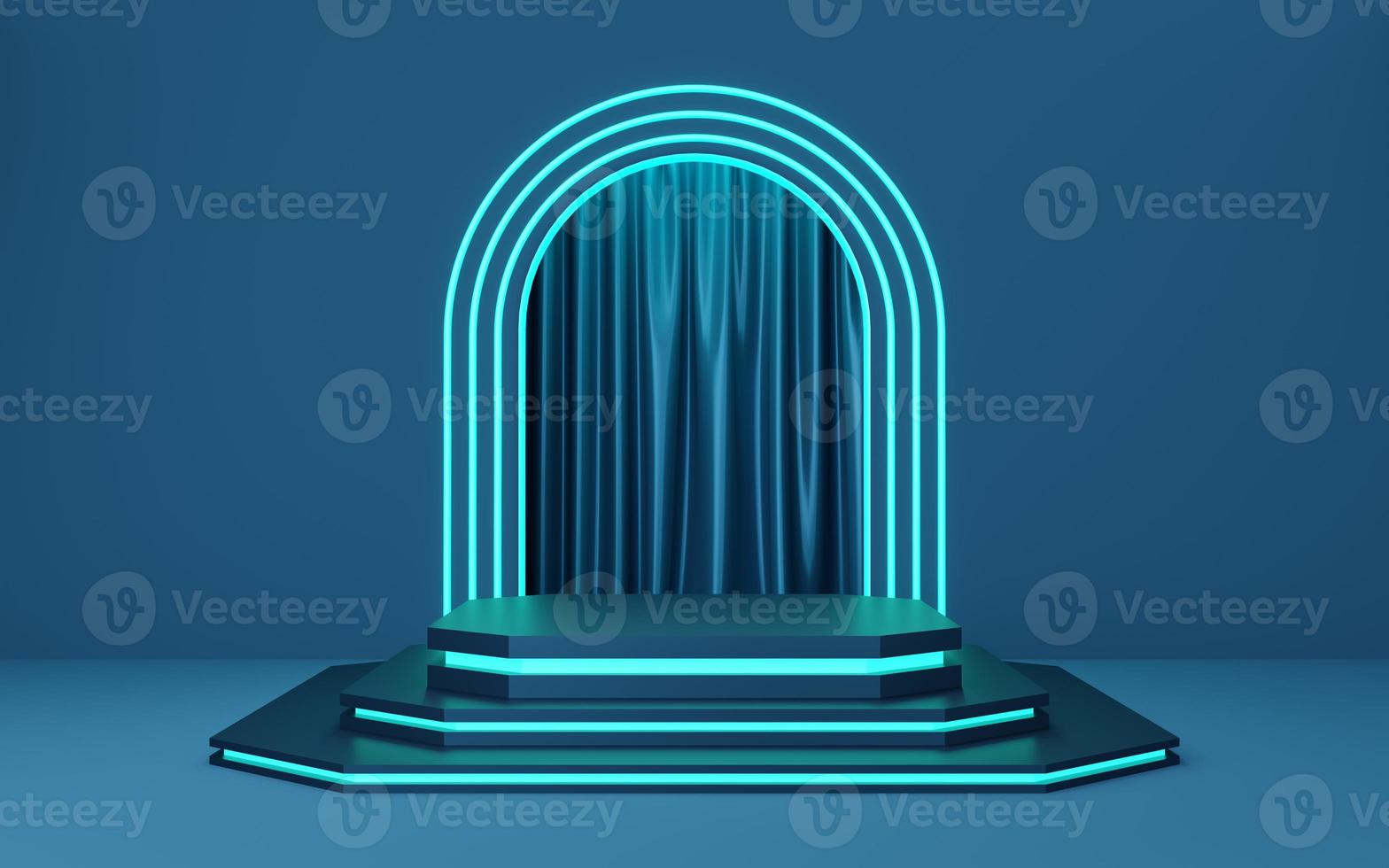 podio de forma octogonal azul vacío con borde y arco de iluminación de neón, fondo de cortina. espacio de maqueta de pedestal para moderno y tecnología. espacio de maqueta de diseño de producto. representación 3d foto