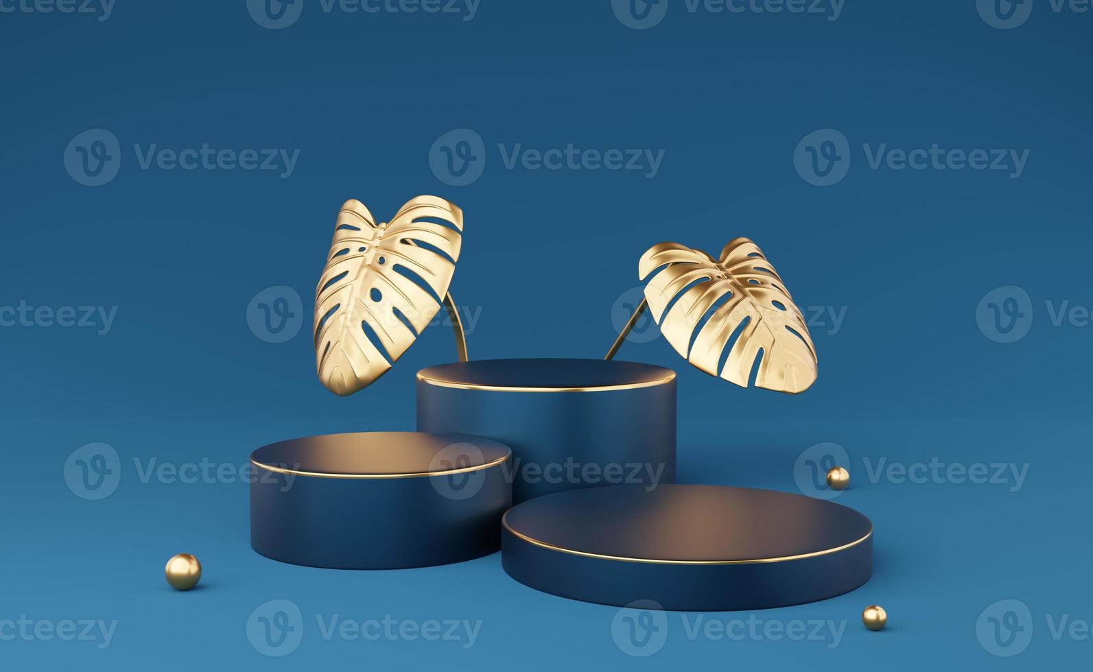 Empty blue cylinder podium with gold border and 2 monstera deliciosa leaf on blue background. Abstract minimal studio 3d geometric shape object. Mockup space for cosmetic display design. 3d rendering. photo