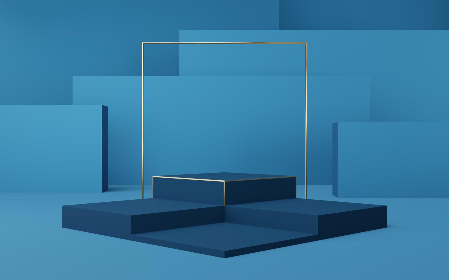 Empty dark blue cube podium with gold border and gold square on box background. Abstract minimal studio 3d geometric shape object. Pedestal mockup space for display of product design. 3d rendering. photo