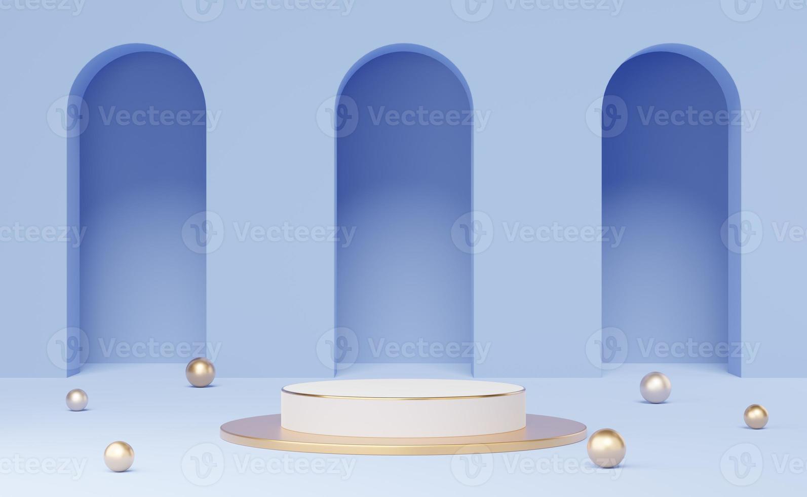Empty white cylinder podium with gold border and ball on arch blue background. Abstract minimal studio 3d geometric shape object. Mockup space for display of product design. 3d rendering. photo