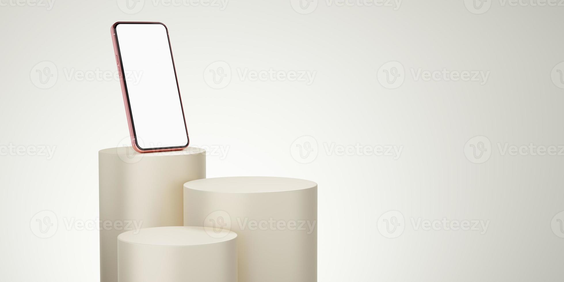 Old rose mobile phone on cream cylinder podium floating on bone white copy space background. Monotone pedestal mockup space for display of app. smartphone with blank white screen. 3d rendering. photo
