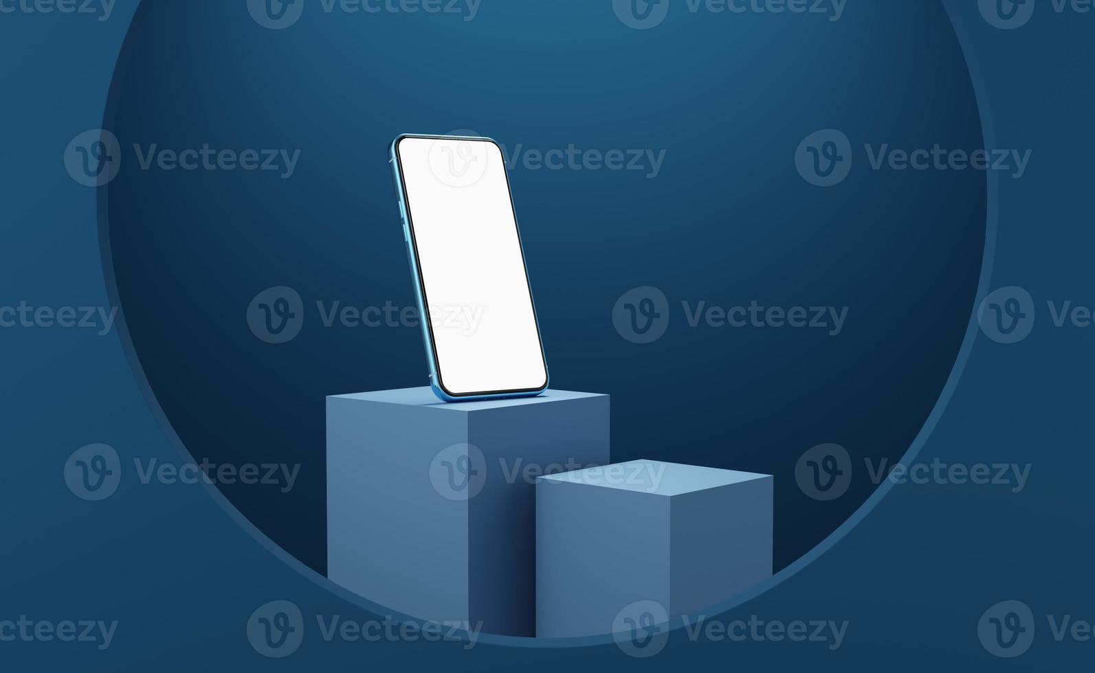 Blue mobile phone on cube podium floating on dark blue circle arch background. Minimal studio 3d. Monotone pedestal mockup space for display of app. smartphone with blank white screen. 3d rendering. photo