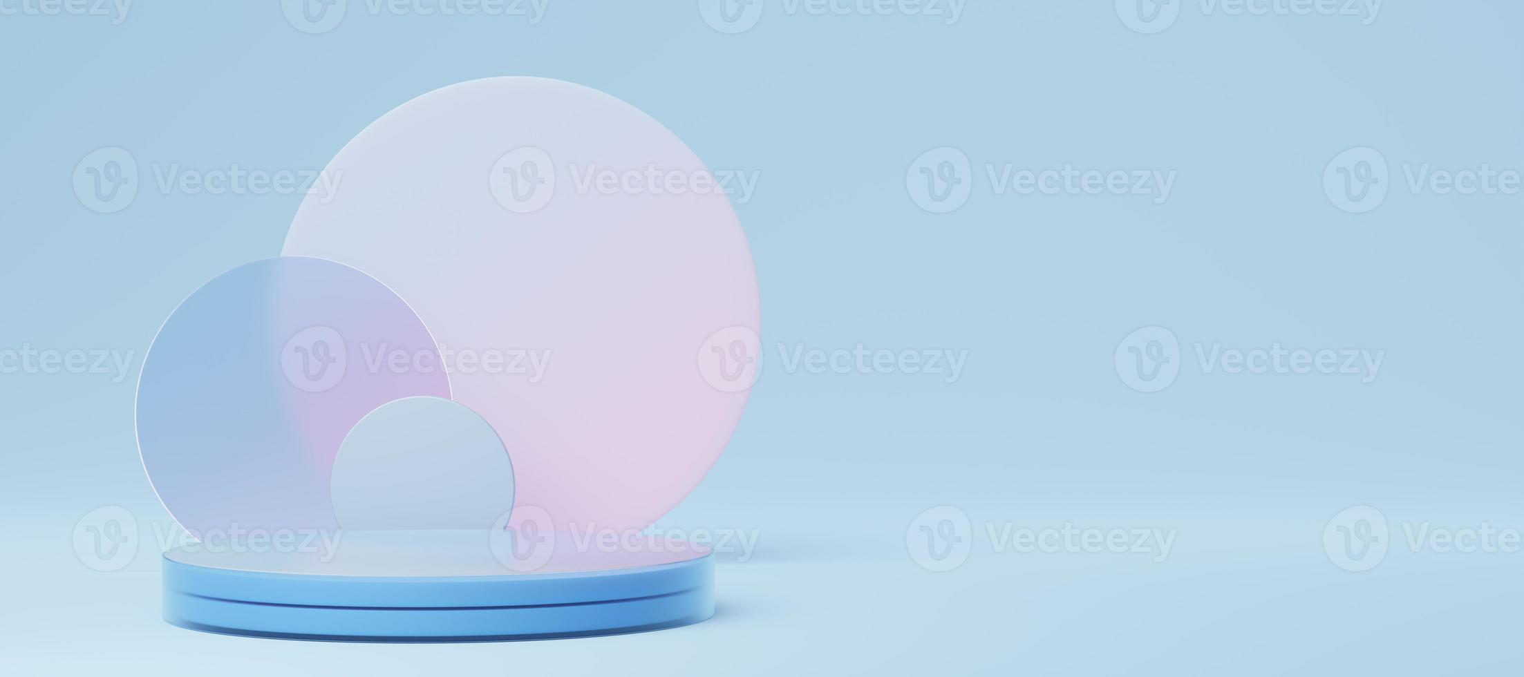 Empty glass cylinder podium with pink blue translucent round glass, copy space background. Abstract geometric. Pedestal pastel minimal showcase mockup. stage for display of product design. 3d render. photo