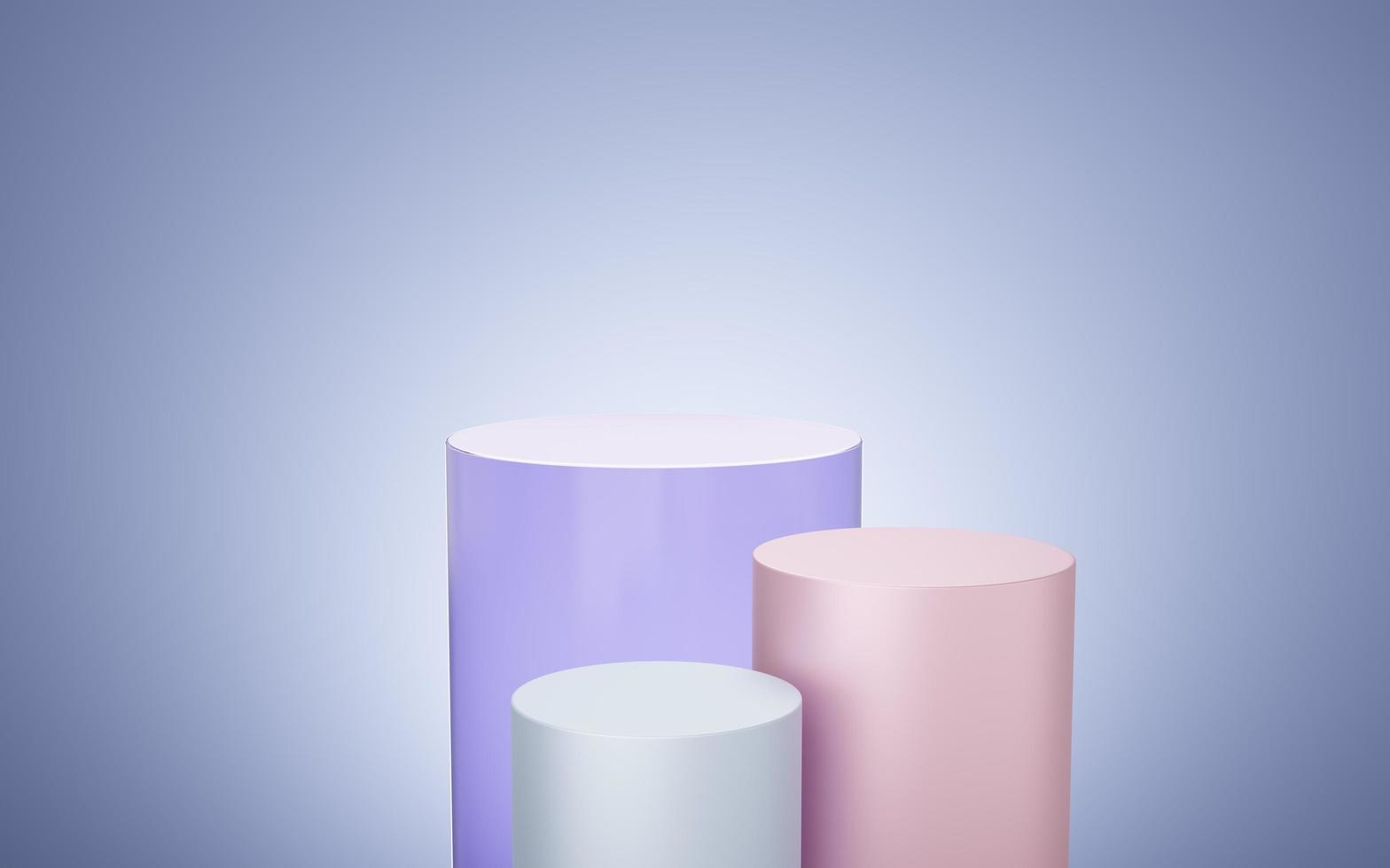 podio vacío de cilindro morado, rosa y plateado flotando en el fondo del espacio de copia azul. estudio mínimo abstracto objeto de forma geométrica 3d. espacio de maqueta de pedestal para mostrar el diseño del producto. representación 3d foto