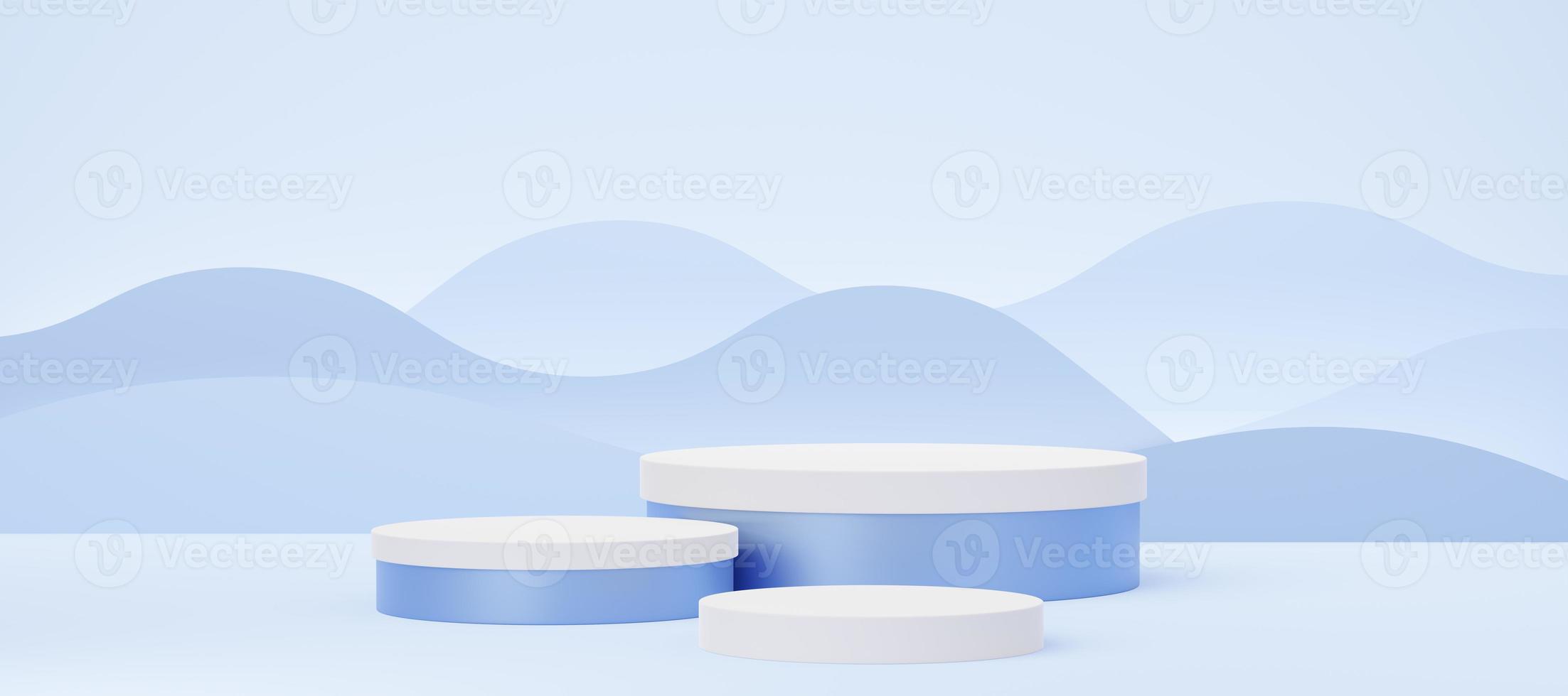 3 Empty white cylinder podium on blue wave background. Abstract pastel minimal studio 3d geometric shape. Mockup space for display of product design. Paper cut style. 3d rendering. photo