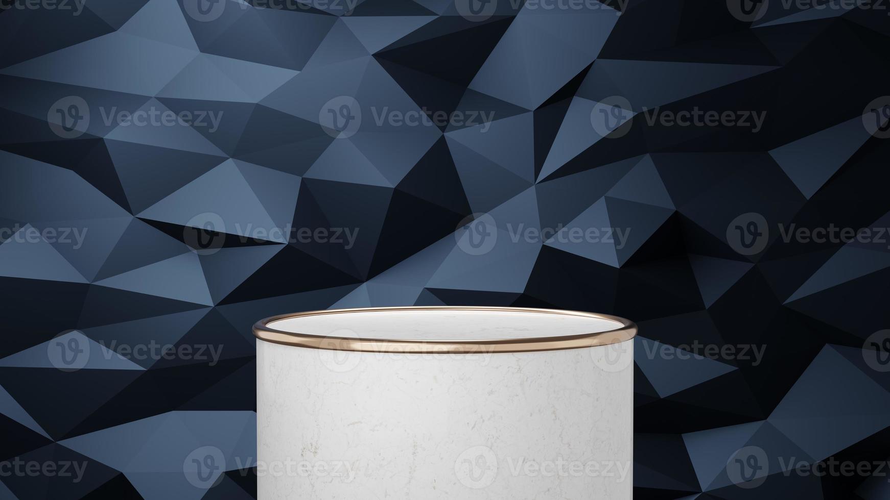 white marble cylinder podium with gold border float on dark blue triangle texture background. Abstract minimal studio geometric object. Pedestal mockup space for display of product design. 3d render. photo