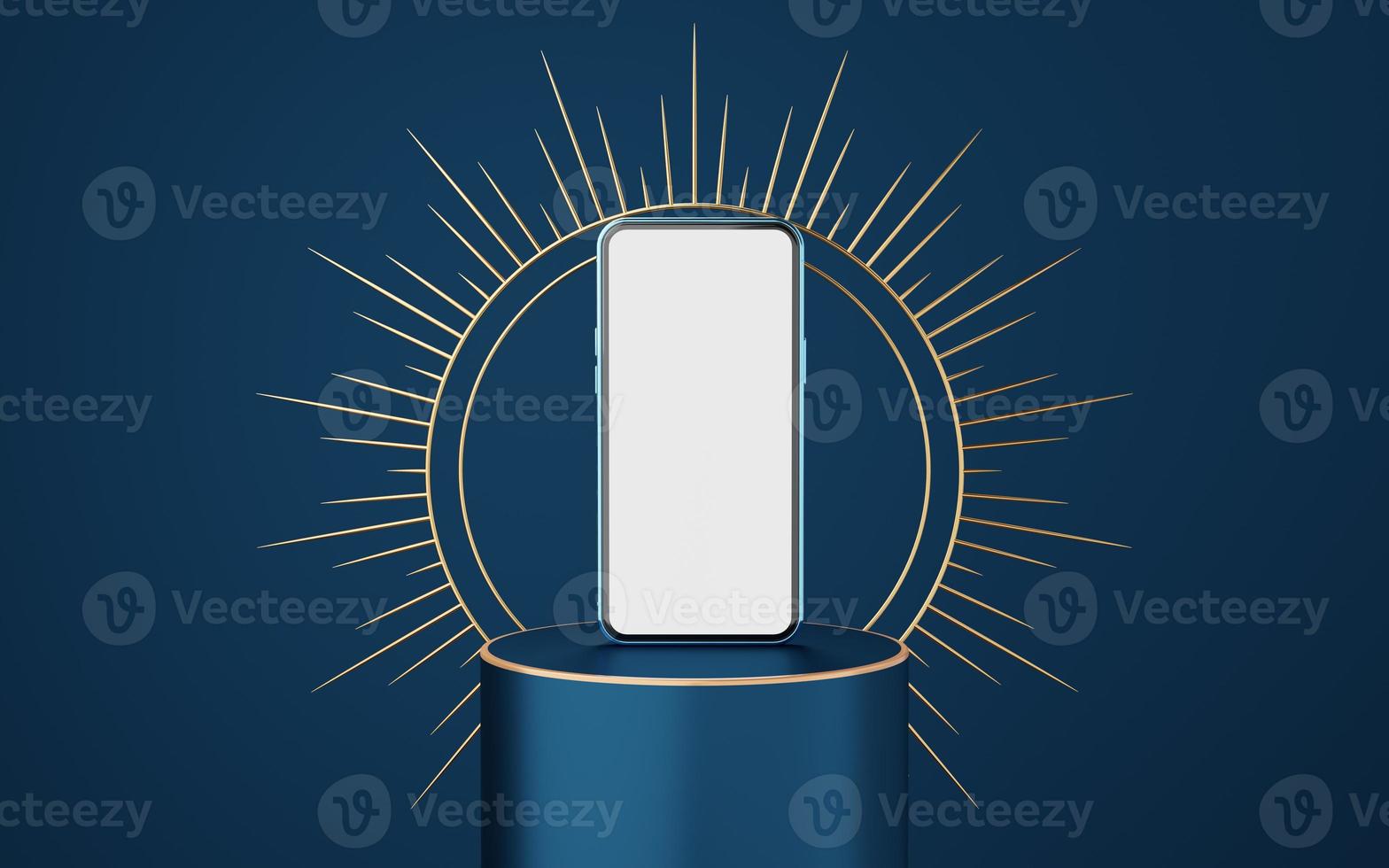 Blue mobile phone on cylinder podium with gold border and spiked halo circle on blue background. Pedestal mockup space for luxury and modern. smartphone with blank white screen. 3d rendering. photo