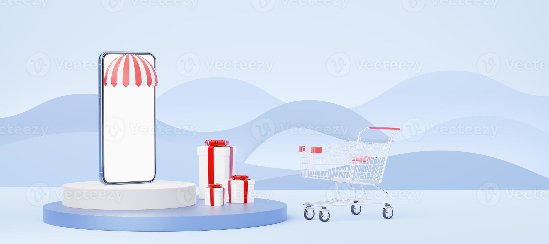 Blue mobile phone with dome awning, shopping cart, gift box on cylinder podium on wave background. Digital marketing online, e commerce, app store concept. smartphone blank white screen. 3d render. photo