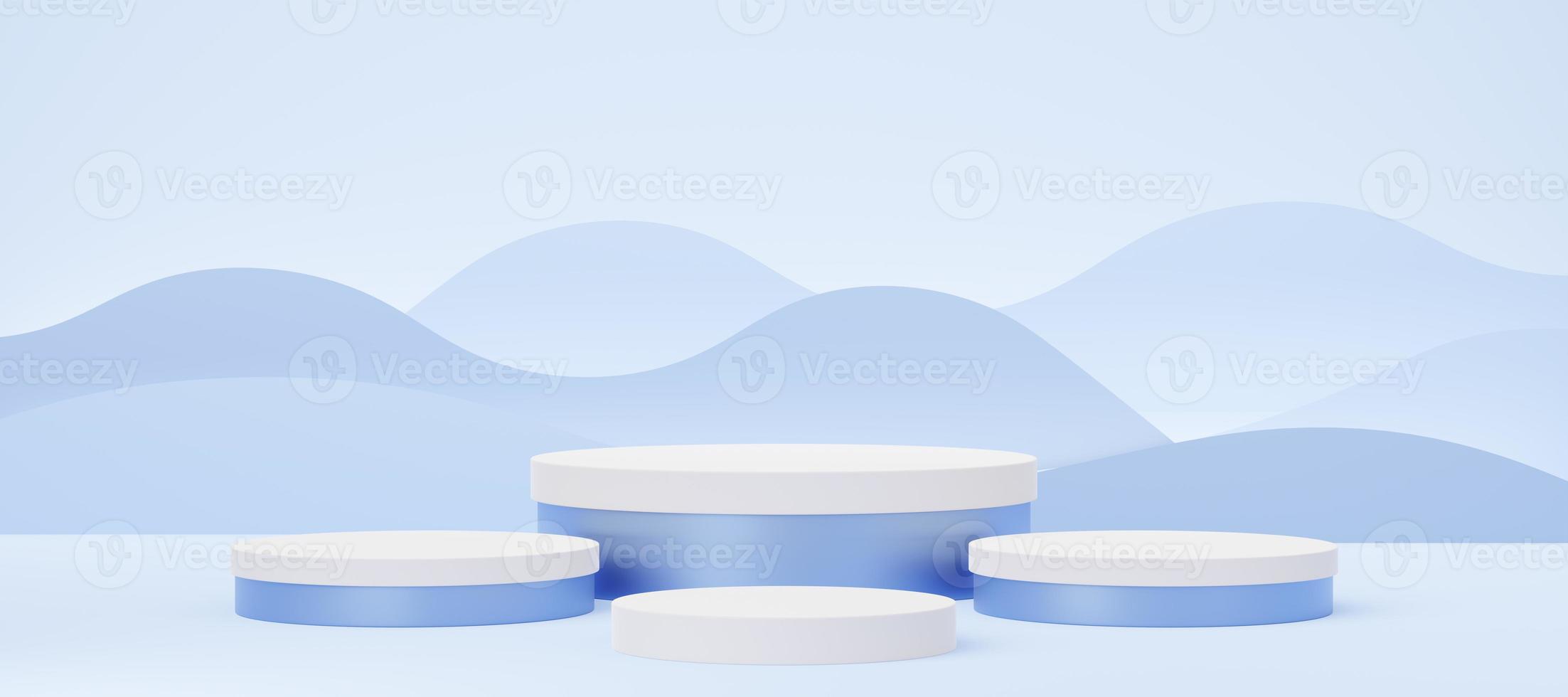 4 Empty white cylinder podium on blue wave background. Abstract pastel minimal studio 3d geometric shape. Mockup space for display of product design. Paper cut style. 3d rendering. photo
