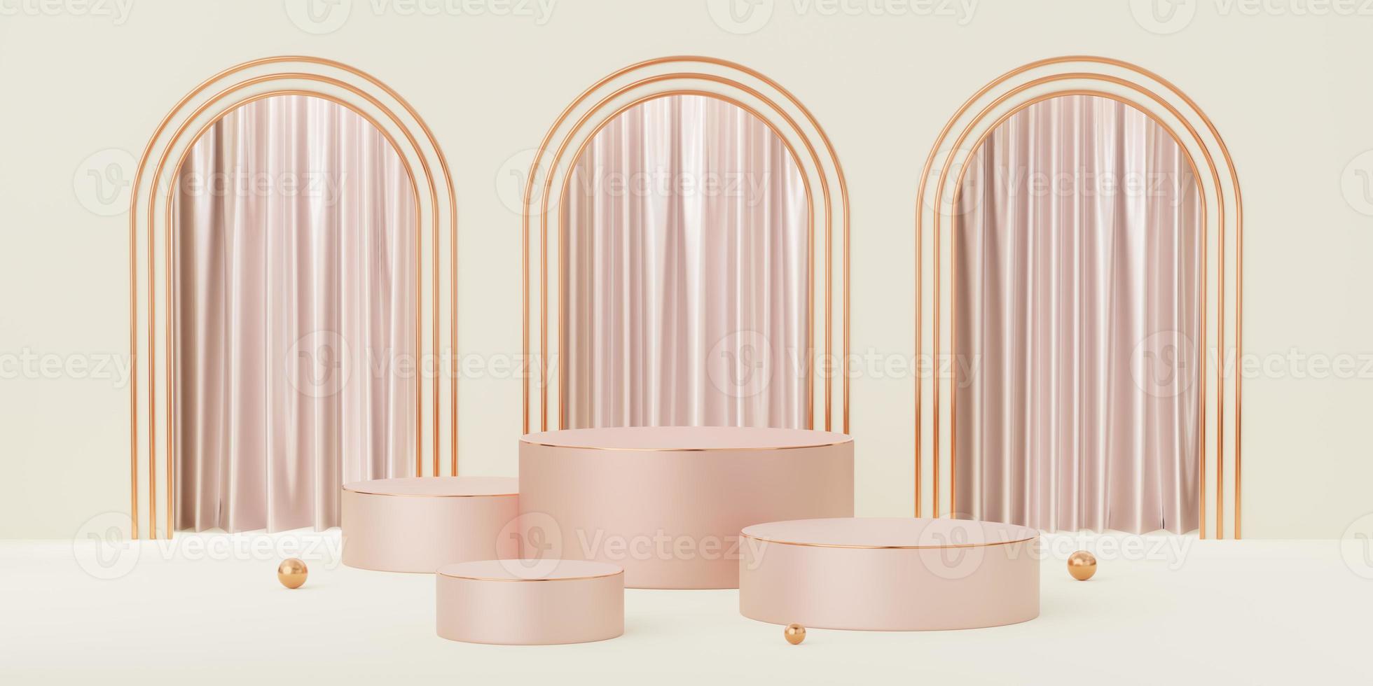 4 Old rose cylinder podium with gold border on beige arch and curtain background. Pedestal and white empty advertising board with copper border. Mockup space for display of product design. 3d render. photo