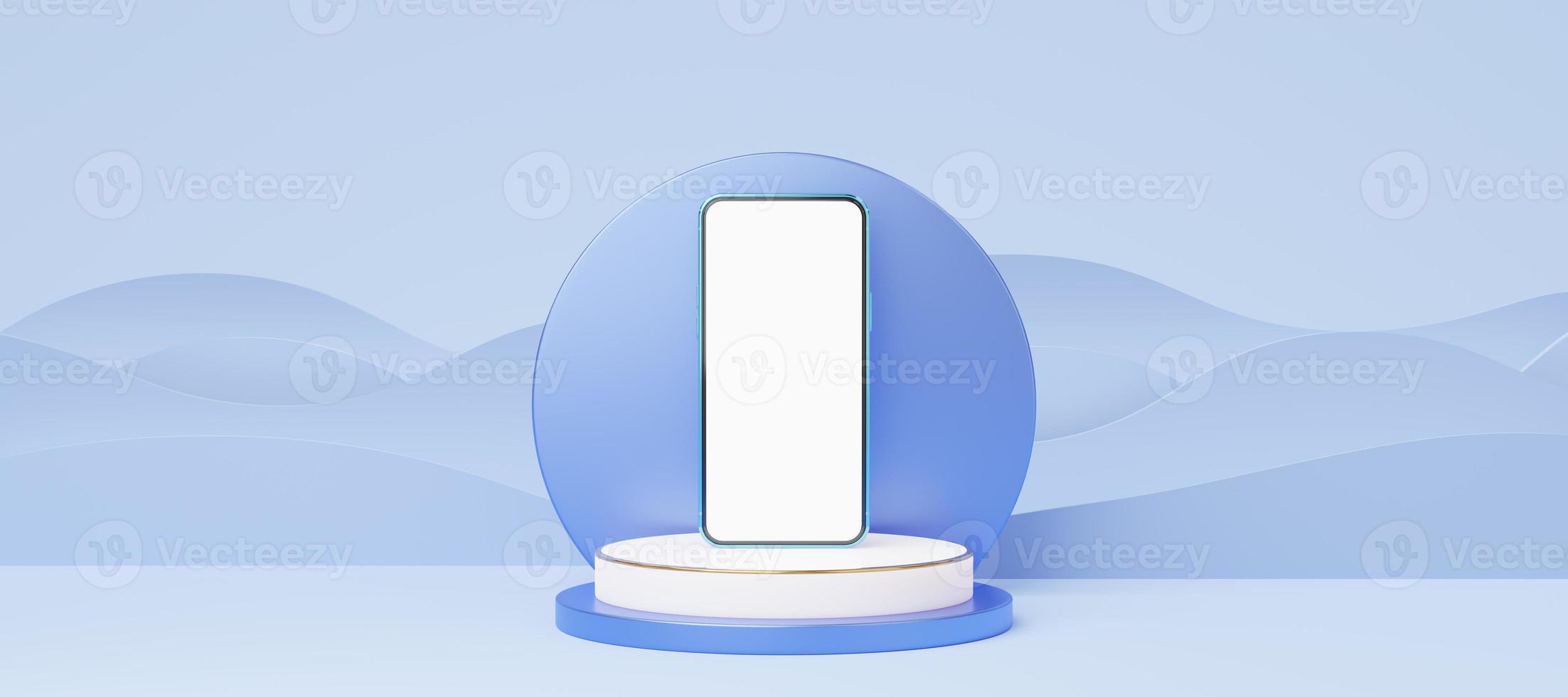 Mobile phone on white cylinder podium with gold border on blue wave background. Smartphone with blank white screen. Pedestal pastel mockup space for display of product. Paper cut style. 3d rendering. photo