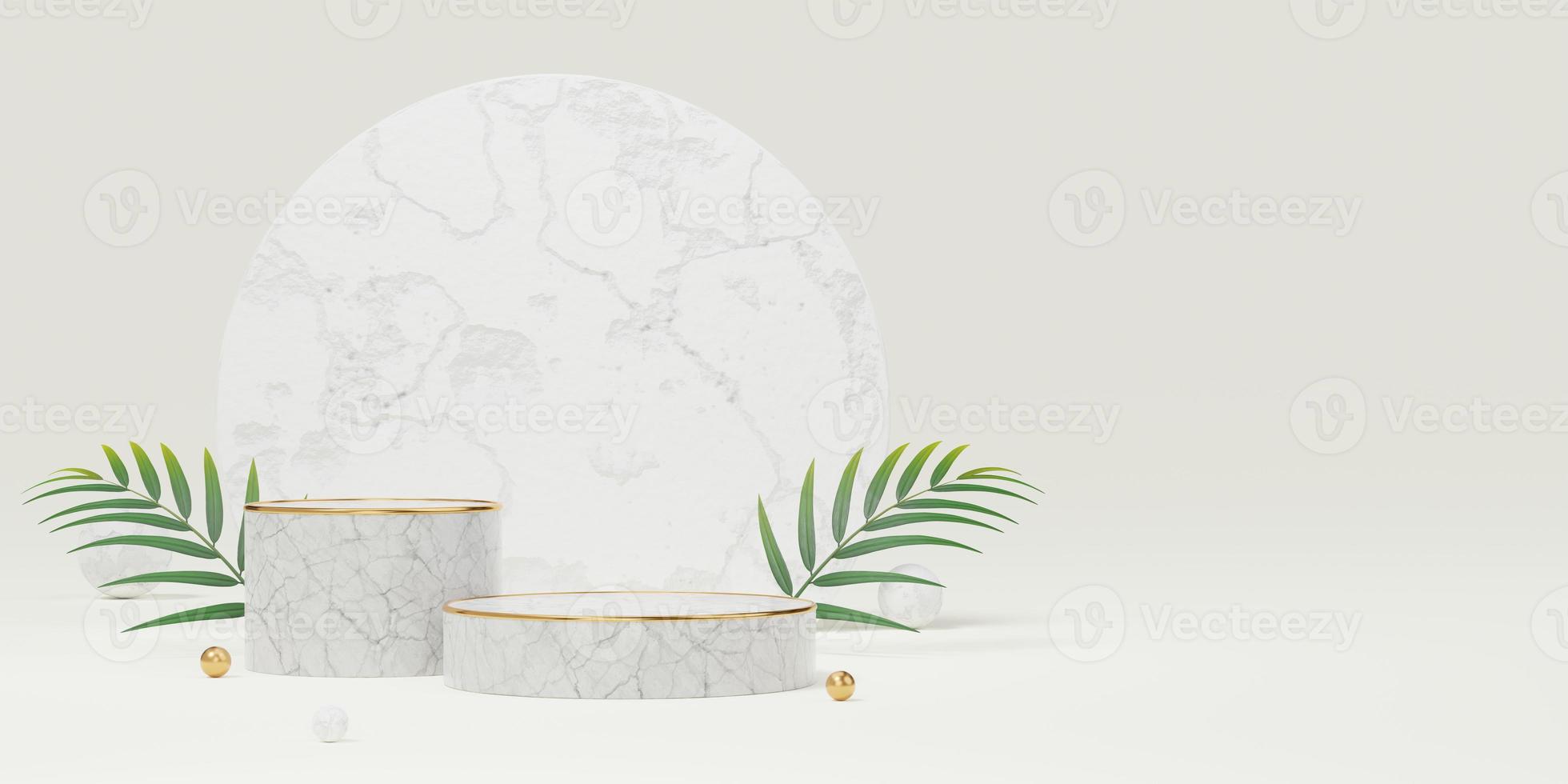 Empty white marble cylinder podium with palm leaves, gold ball, arch circle, copy space background. Abstract pastel minimal studio geometric shape. Mockup space display of product design. 3d render. photo