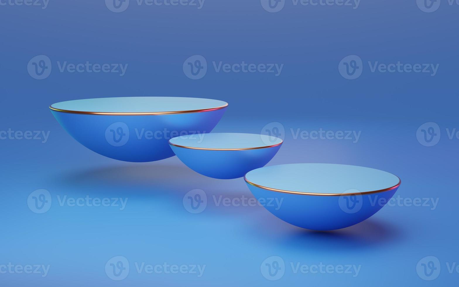 3 Empty blue half sphere podium floating with red and green rim light on bright background. Abstract minimal studio 3d geometric shape object. Pedestal mockup space for luxury display. 3d rendering. photo