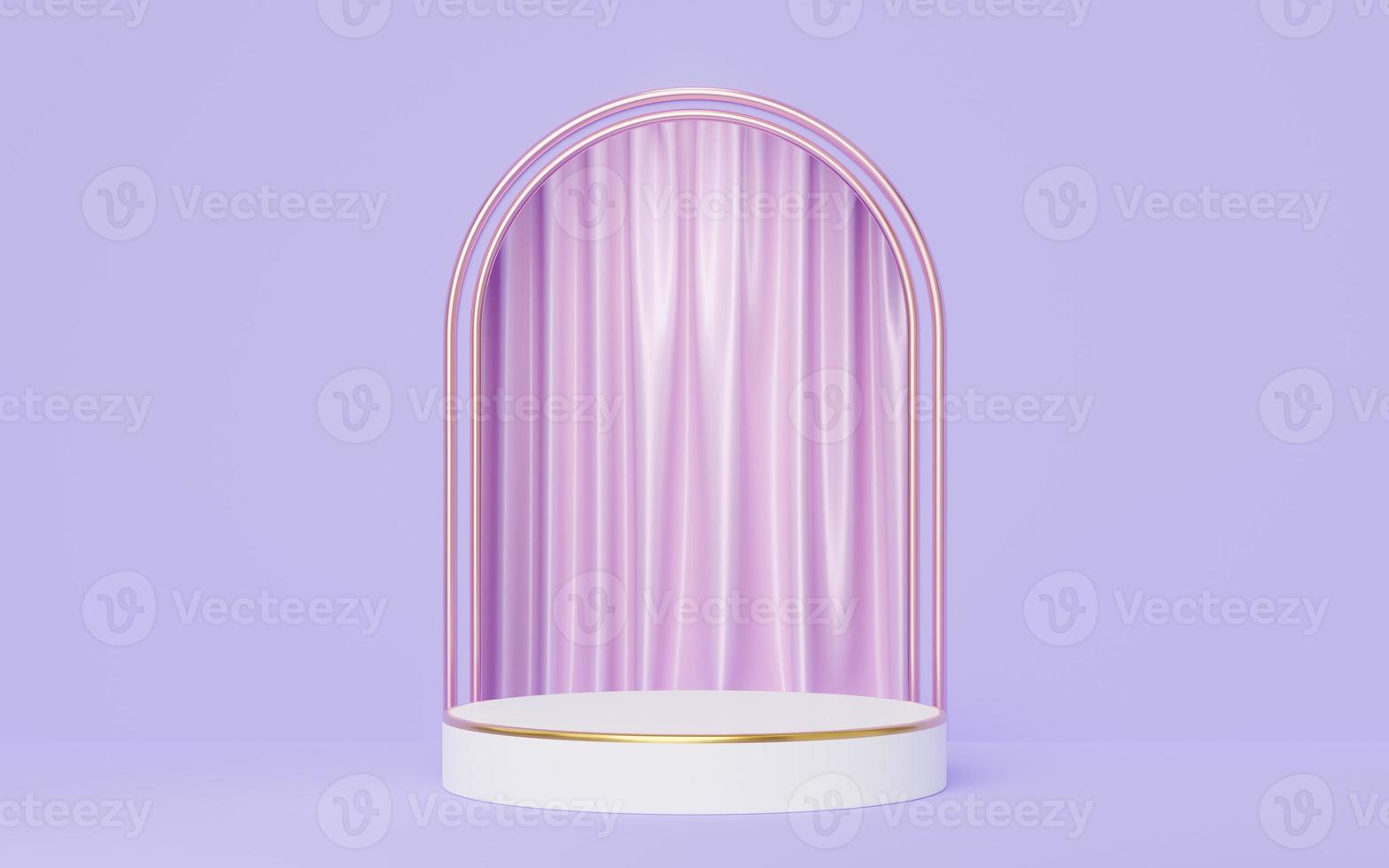 3d white cylinder podium with gold border on purple arch, pink curtain background. Empty pedestal mockup space for display product design. Abstract minimal studio geometric shape object. 3d rendering. photo