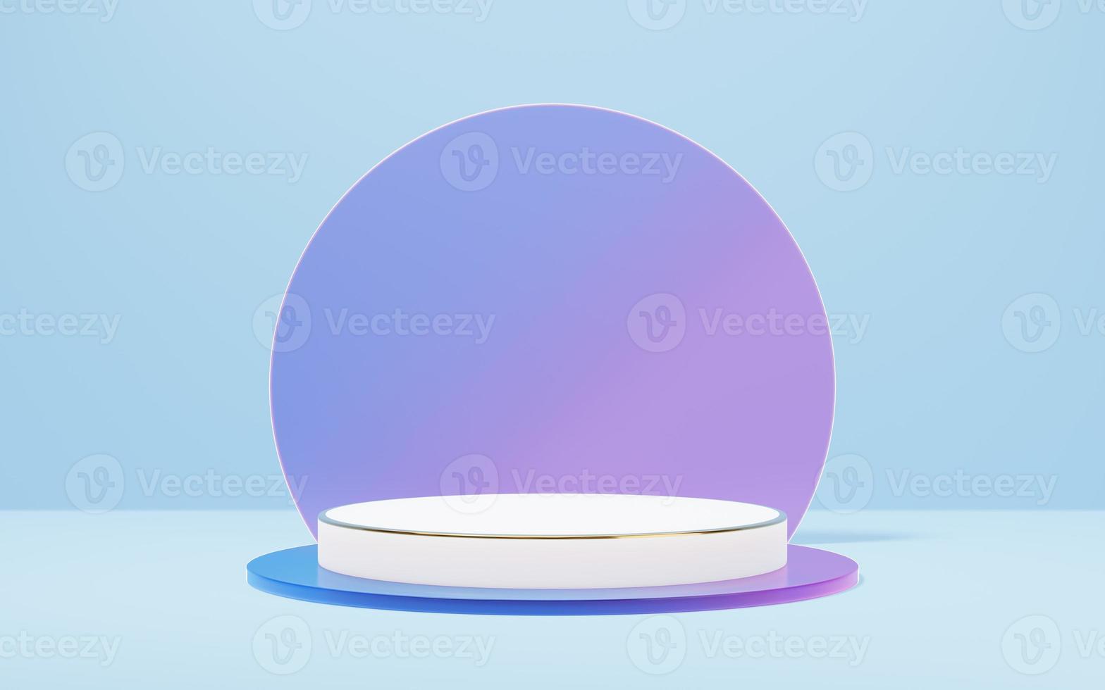 Empty white marble cylinder podium with gold border on glass arch circle background. Abstract minimal studio 3d geometric shape object. Mockup space for display of product design. 3d rendering. photo