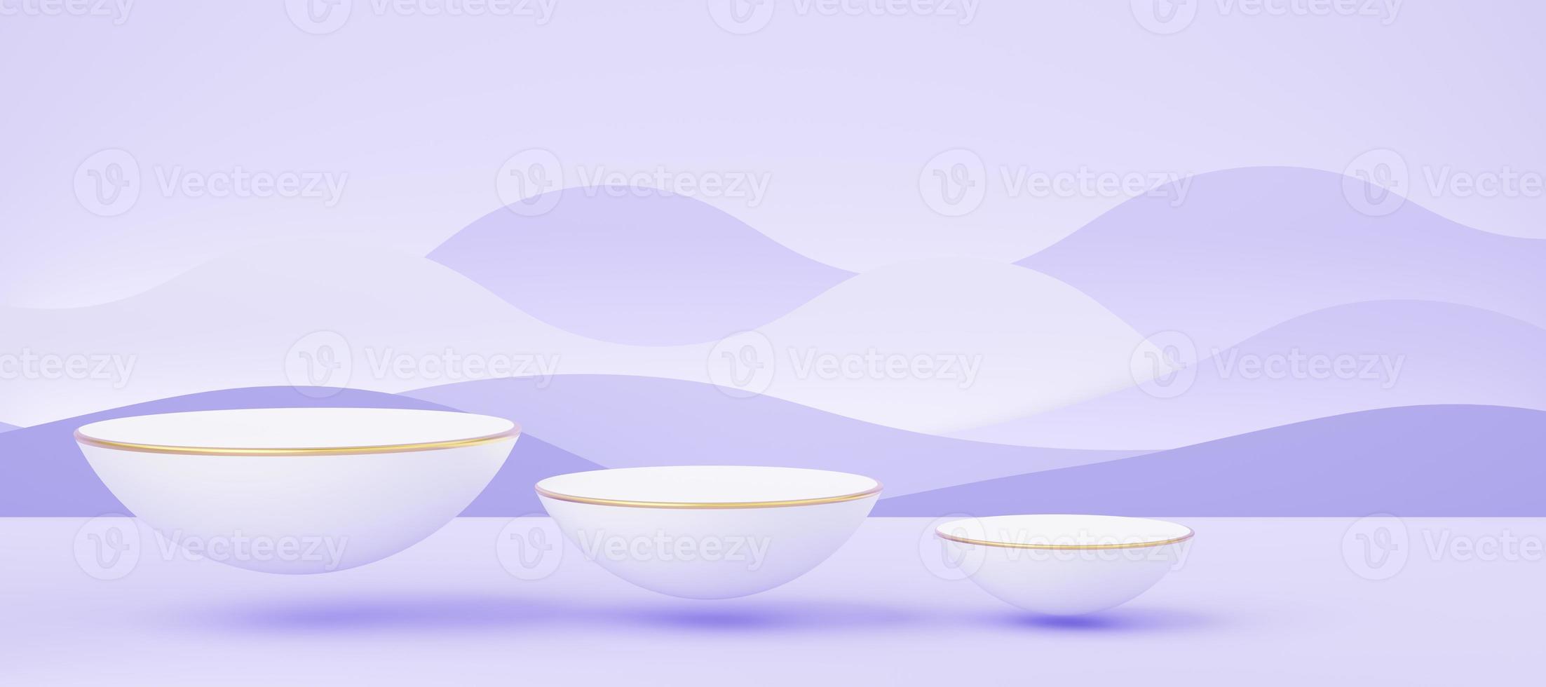 3 Empty white half sphere podium with gold border floating on purple wave background. Abstract pastel minimal studio geometric. Mockup space for display product design. Paper cut style. 3d rendering. photo