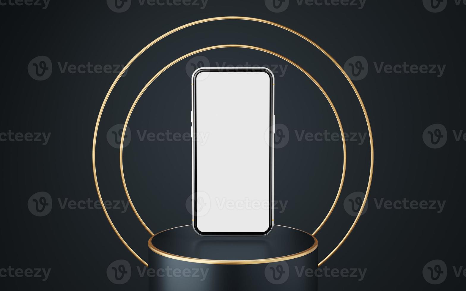Silver mobile phone on gray cylinder podium with gold border and 2 copper circle on black background. Minimal studio. Pedestal mock up space for modern. smartphone with blank white screen. 3d render. photo