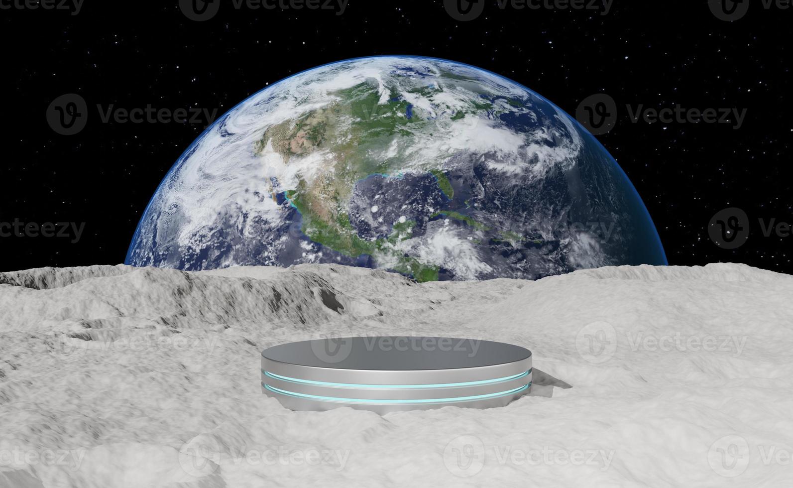 podio de cilindro de plata vacío en la superficie de la luna con la tierra. realista sobre la tierra con luces nocturnas desde el espacio. espacio de maqueta de pedestal para moderno y tecnología. diseño de productos futuros digitales. renderizado 3d foto