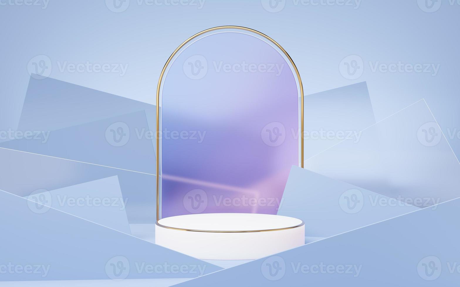 Empty white marble cylinder podium with gold frame placed against blue pastel, glass wall background. Pedestal pastel minimal geometric showcase mockup. Stage for display of product design. 3d render. photo