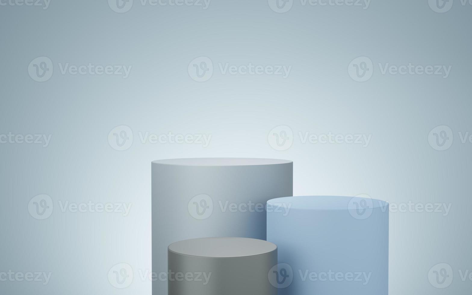 3 Empty gray and blue cylinder podium floating on white copy space background. Abstract minimal studio 3d geometric shape object. Pedestal mockup space for display of product design. 3d rendering. photo