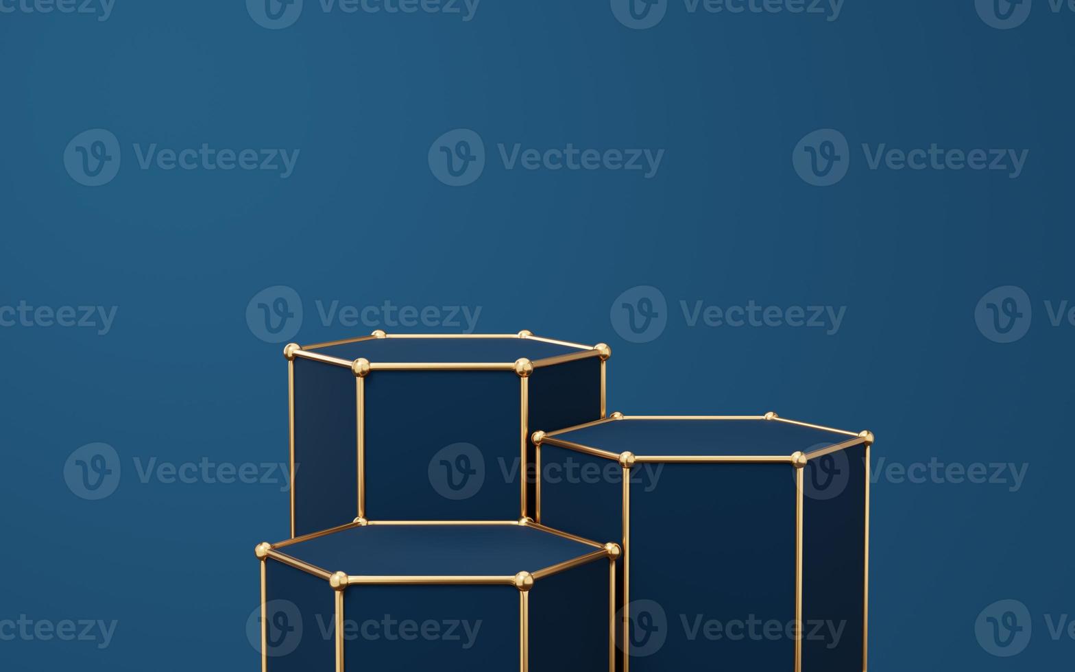 3 Empty blue hexagon podium with gold border floating on dark blue background. Abstract minimal studio 3d geometric shape object. Pedestal mockup space for display of product design. 3d rendering. photo
