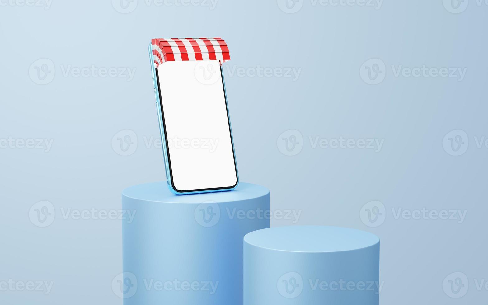 Blue mobile phone with red awning on cylinder podium floating on white copy space background. Digital marketing online, e commerce, app store concept. smartphone with blank white screen. 3d render. photo