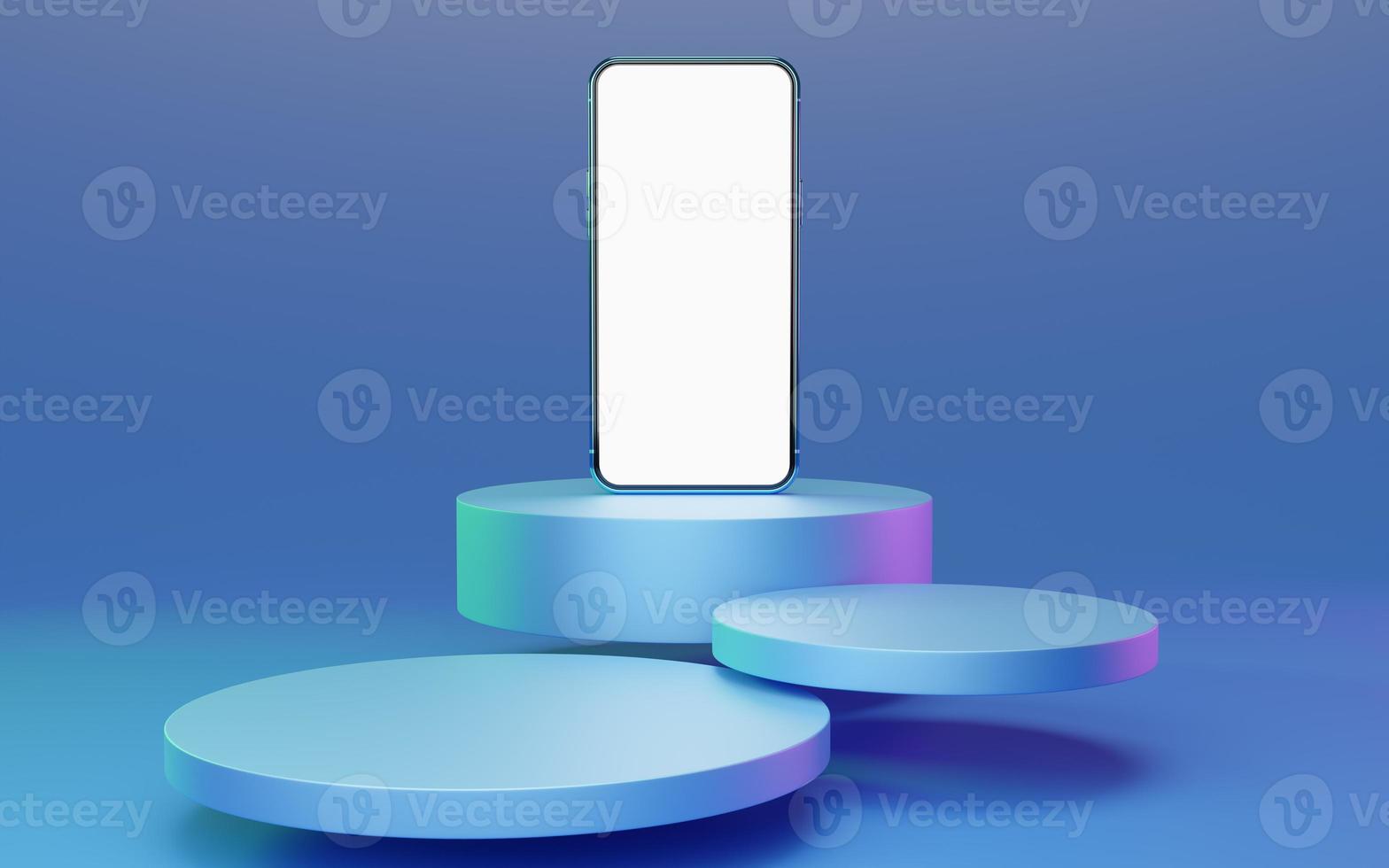 Blue mobile phone on cylinder podium floating with red and green rim light on bright background. Minimal studio 3d. Pedestal mock up space for modern. smartphone with blank white screen. 3d rendering. photo