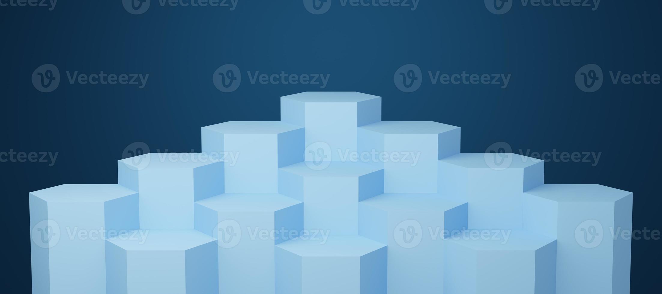 13 Empty blue hexagon podium floating on dark blue copy space background. Abstract minimal studio 3d geometric shape object. Monotone pedestal mockup space for display of product design. 3d rendering. photo