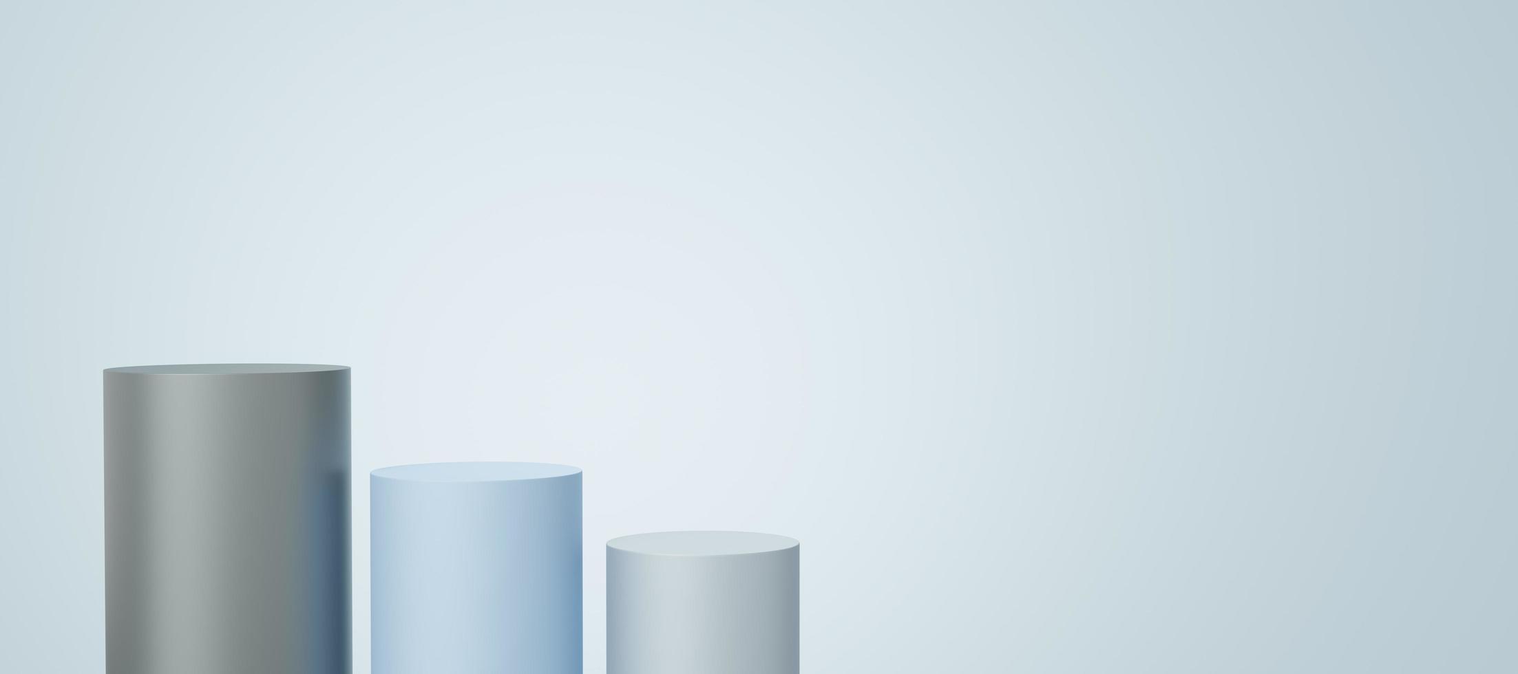 3 Empty gray and blue cylinder podium floating on white copy space background. Abstract minimal studio 3d geometric shape object. Pedestal mockup space for display of product design. 3d rendering. photo