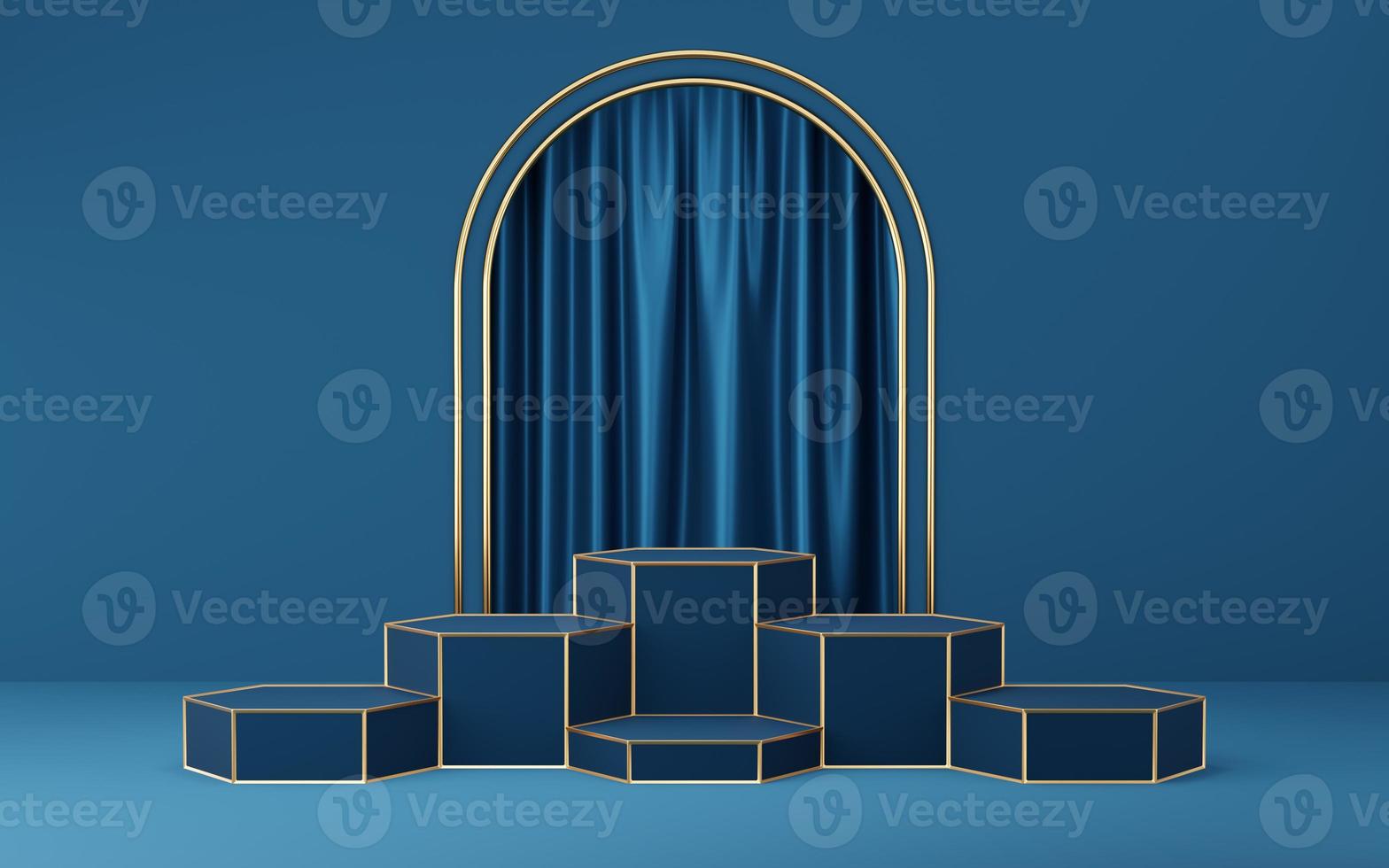 6 Empty blue cylinder podium with gold border on blue arch and curtain background. Abstract minimal studio 3d geometric shape object. Mockup space for display of product design. 3d rendering. photo