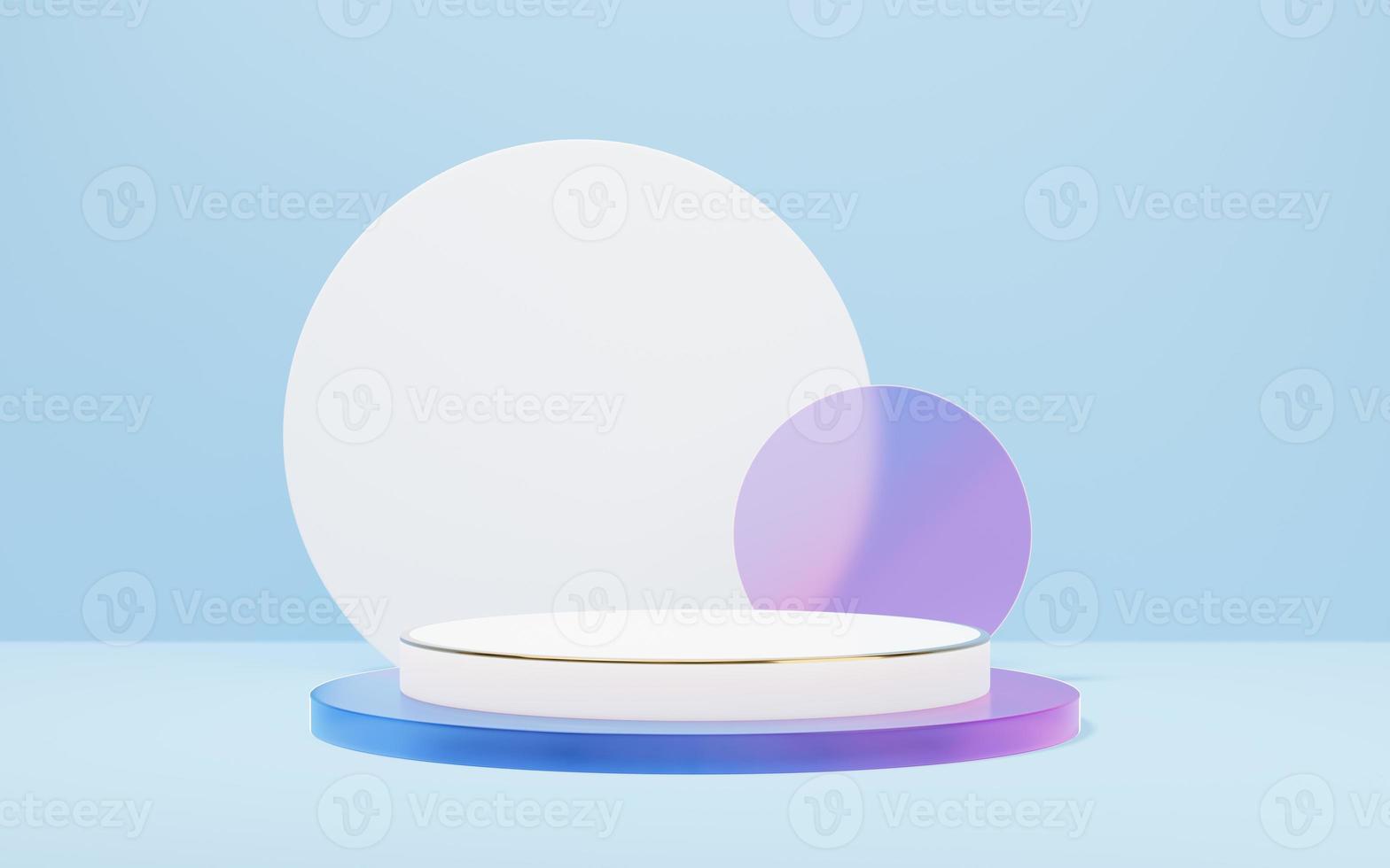 Empty white marble cylinder podium with gold border on glass arch circle background. Abstract minimal studio 3d geometric shape object. Mockup space for display of product design. 3d rendering. photo