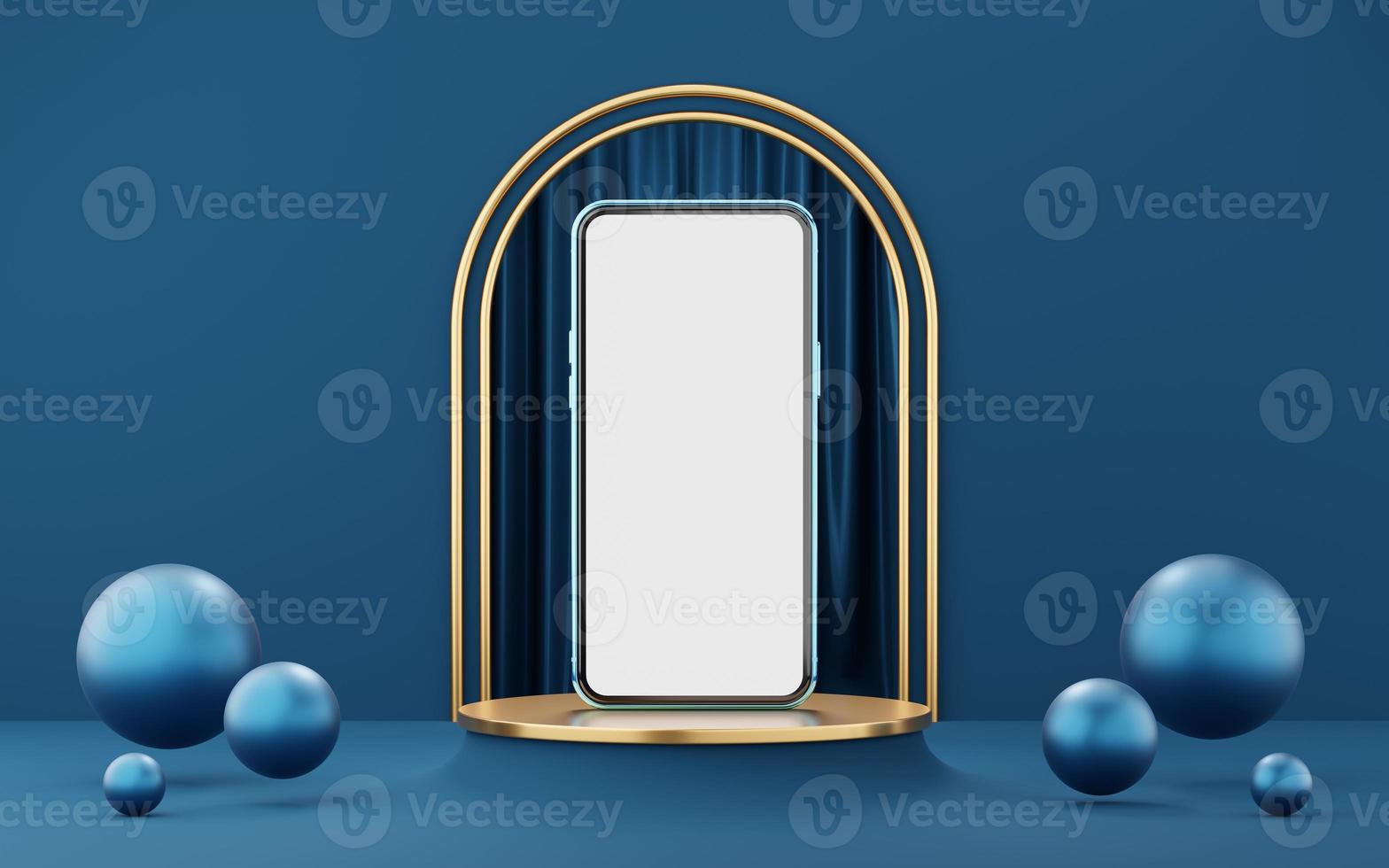 Blue mobile phone on gold cylinder podium with blue ball on arch pipe and curtain background. Pedestal mockup space for luxury and modern. smartphone with blank white screen. 3d rendering. photo