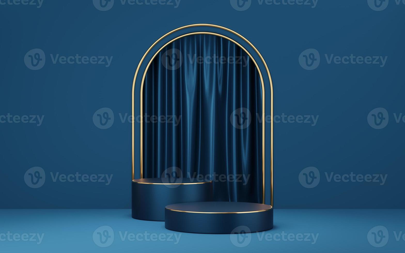 2 Empty blue cylinder podium with gold border on blue arch and curtain background. Abstract minimal studio 3d geometric shape object. Mockup space for display of product design. 3d rendering. photo