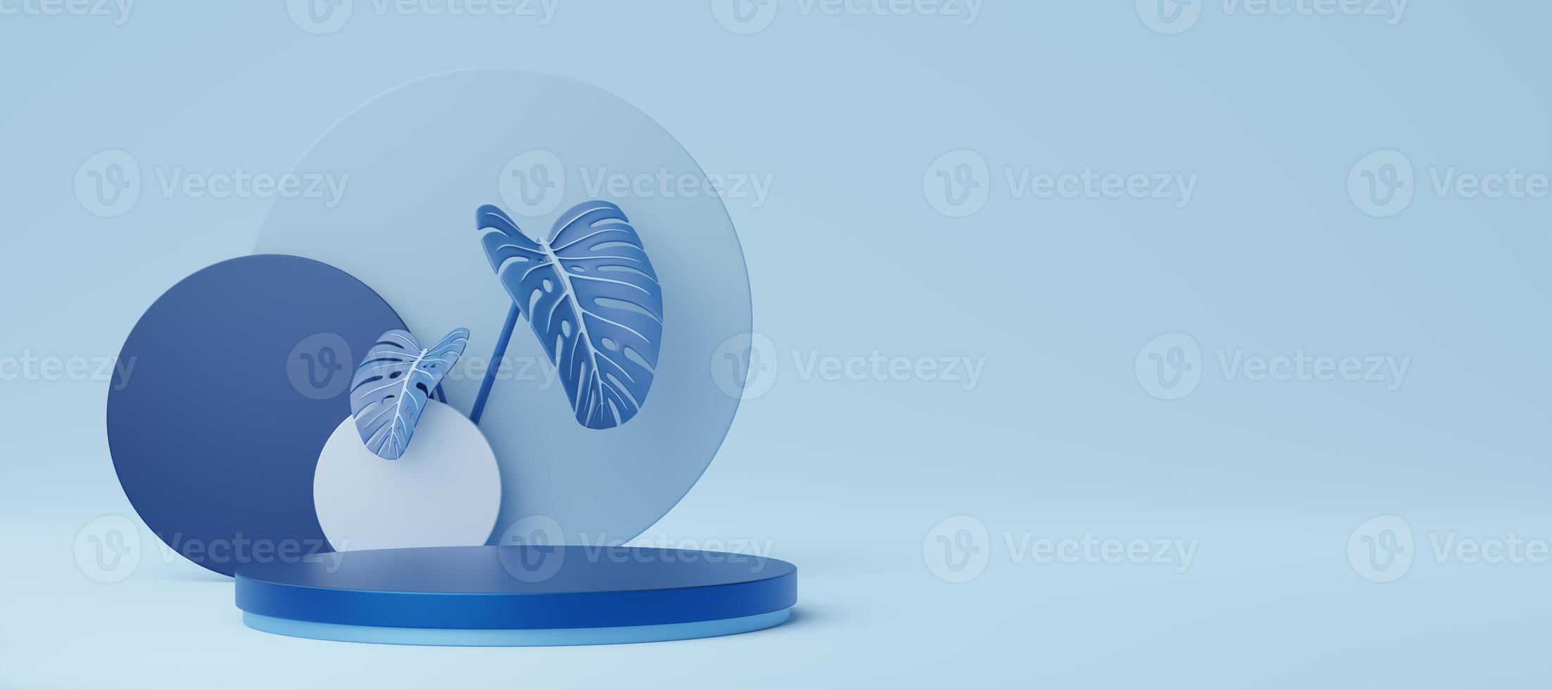 Empty blue cylinder podium with circle, monstera deliciosa on copy space background. Abstract pastel minimal studio 3d geometric shape. Mockup space for display of product design. 3d rendering. photo