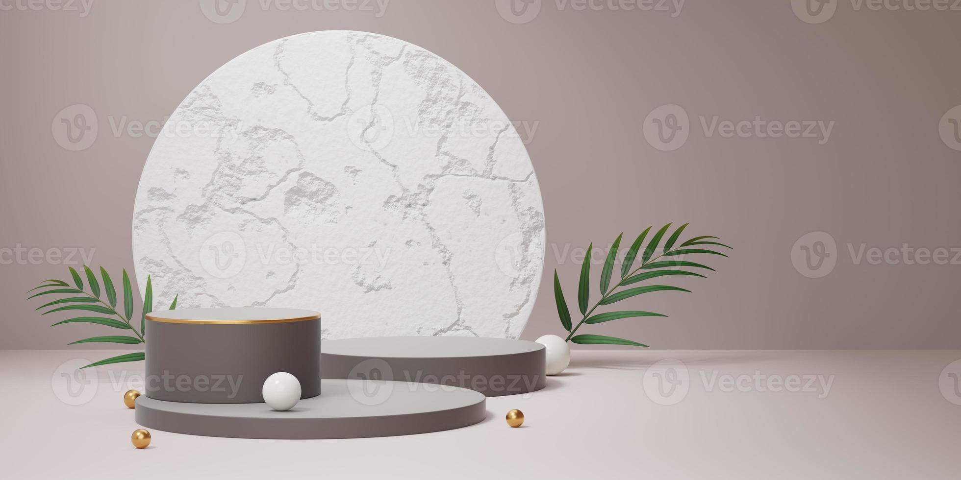 Empty gray cylinder podium with white concrete arch circle, green palm leaf, ball on old rose background. Abstract pastel minimal studio. Mockup space for cosmetic display design. 3d rendering. photo