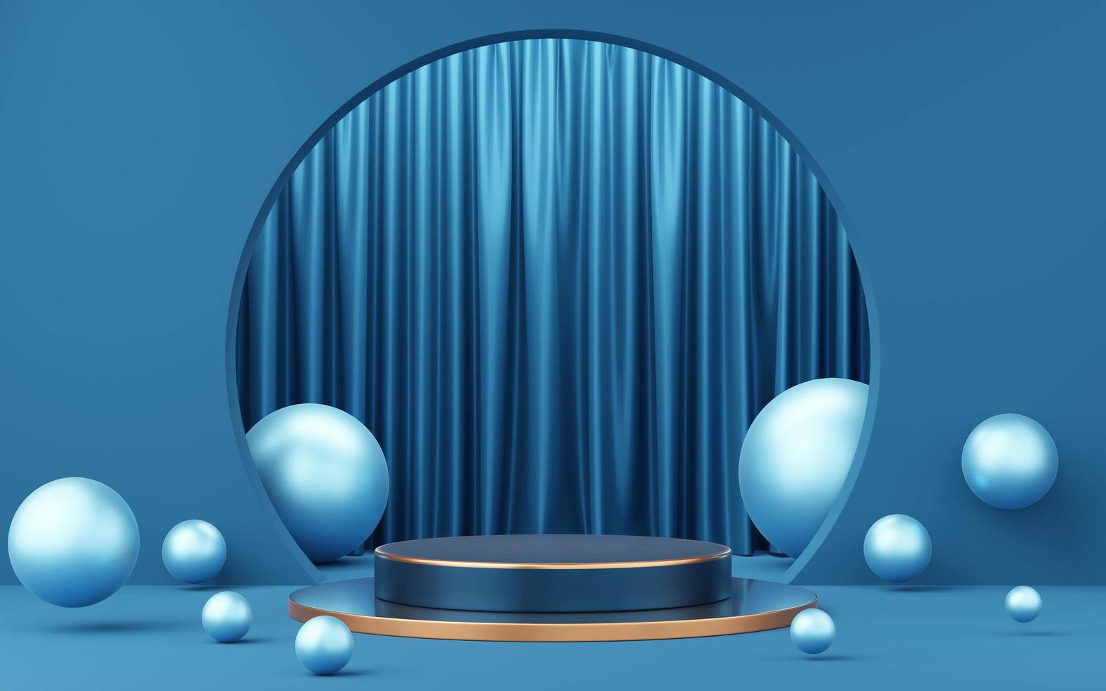 Empty blue and black cylinder podium with copper border, ball on circle arch, curtain background. Abstract minimal studio geometric shape. Pedestal mockup space for product design. 3d rendering. photo