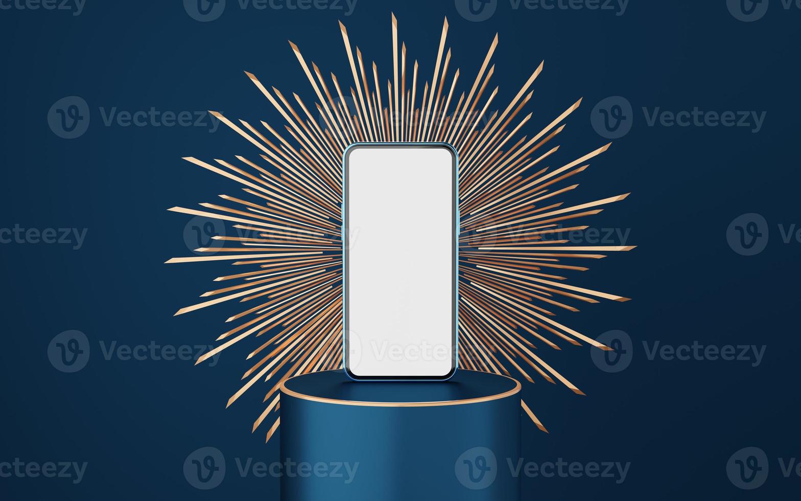 Blue mobile phone on cylinder podium with gold border and spiked halo circle on blue background. Pedestal mockup space for luxury and modern. smartphone with blank white screen. 3d rendering. photo