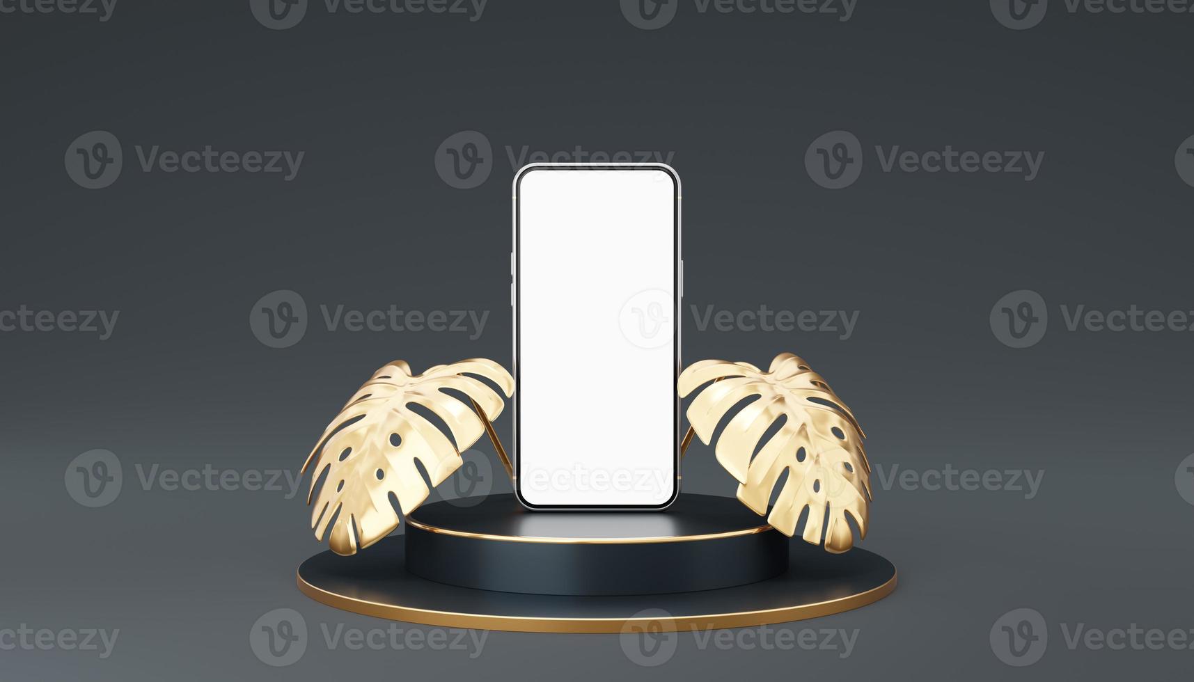 Silver mobile phone on black cylinder podium with gold border and monstera deliciosa leaf on gray background. Minimal pedestal mock up space for modern. smartphone with blank white screen. 3d render. photo